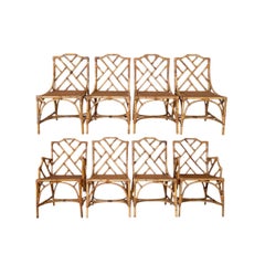 Mitte des 20. Jahrhunderts restaurierte italienische Chippendale-Esszimmerstühle aus Rattan, Satz von acht Stück
