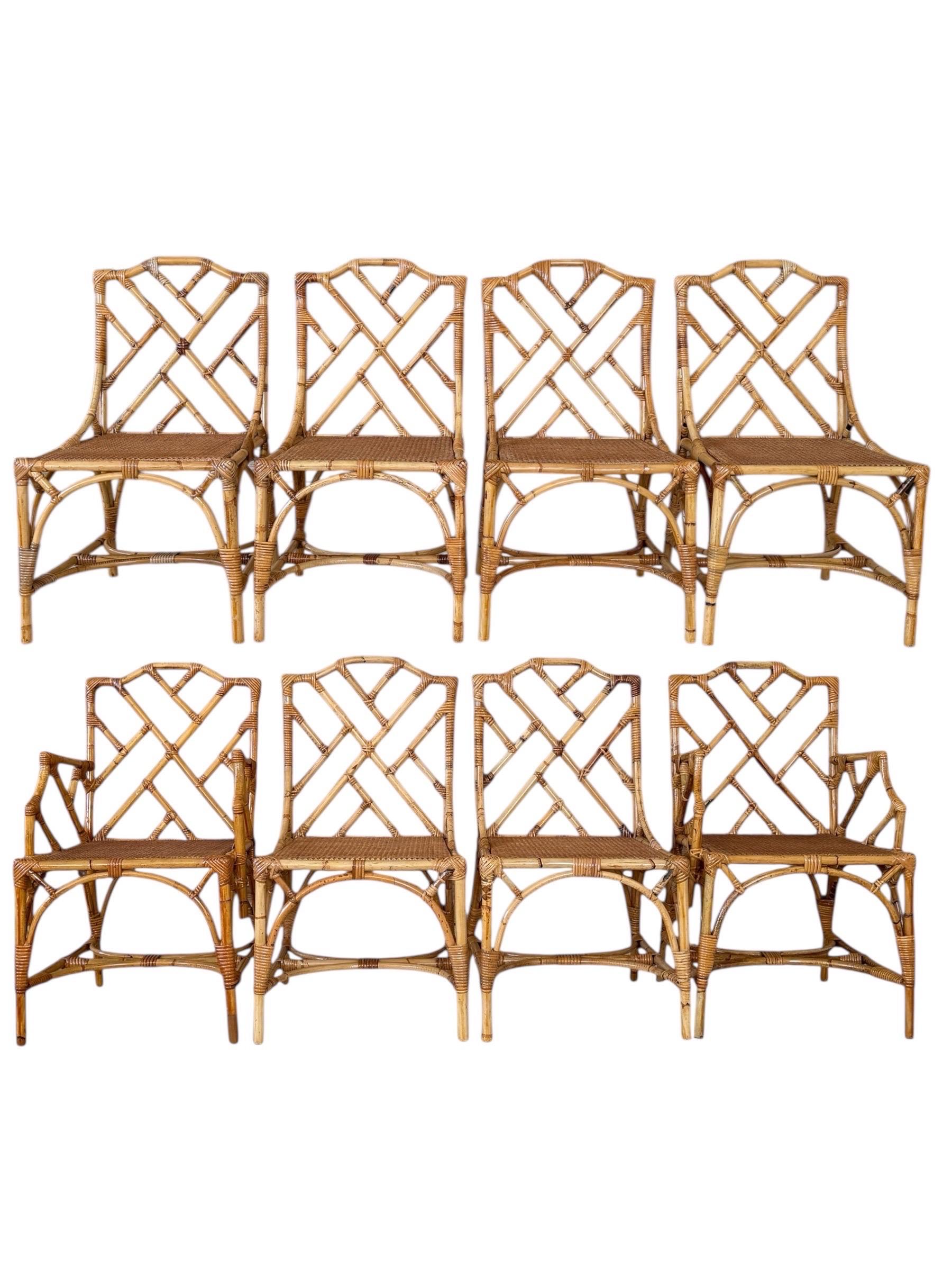 Mid-20th Century Restored Italian Rattan Chippendale Dining Chairs Set of Eight