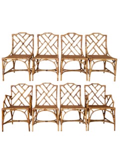 Mid-20th Century Restored Italian Rattan Chippendale Dining Chairs Set of Eight