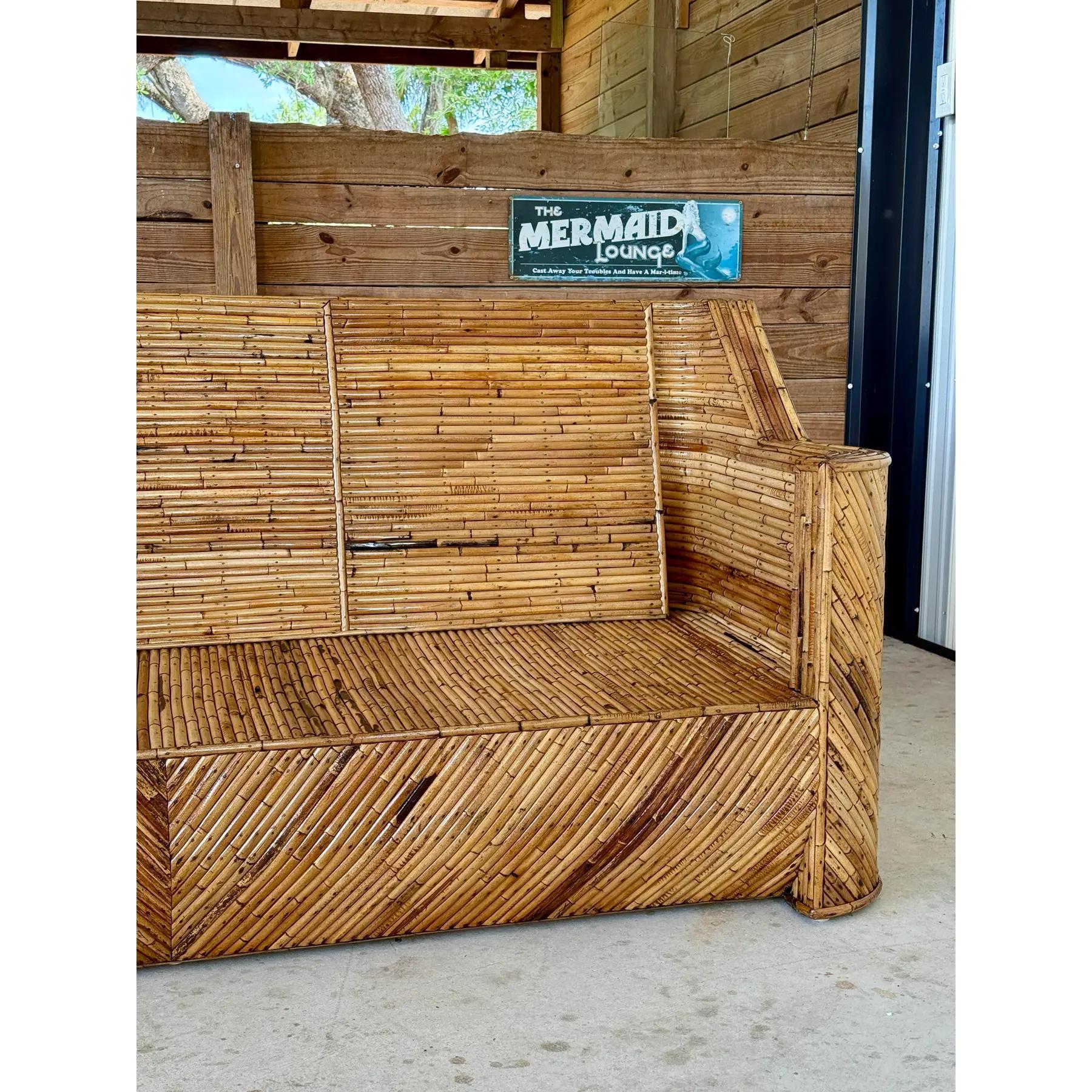 Hand-Crafted Mid-20th Century Restored Organic Modern Split Rattan Sculptural Sofa For Sale