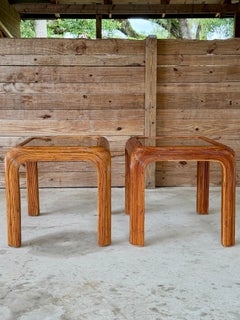 Mid-20th Century Restored Pencil Reed Rattan Side Tables With New Glass – Pair