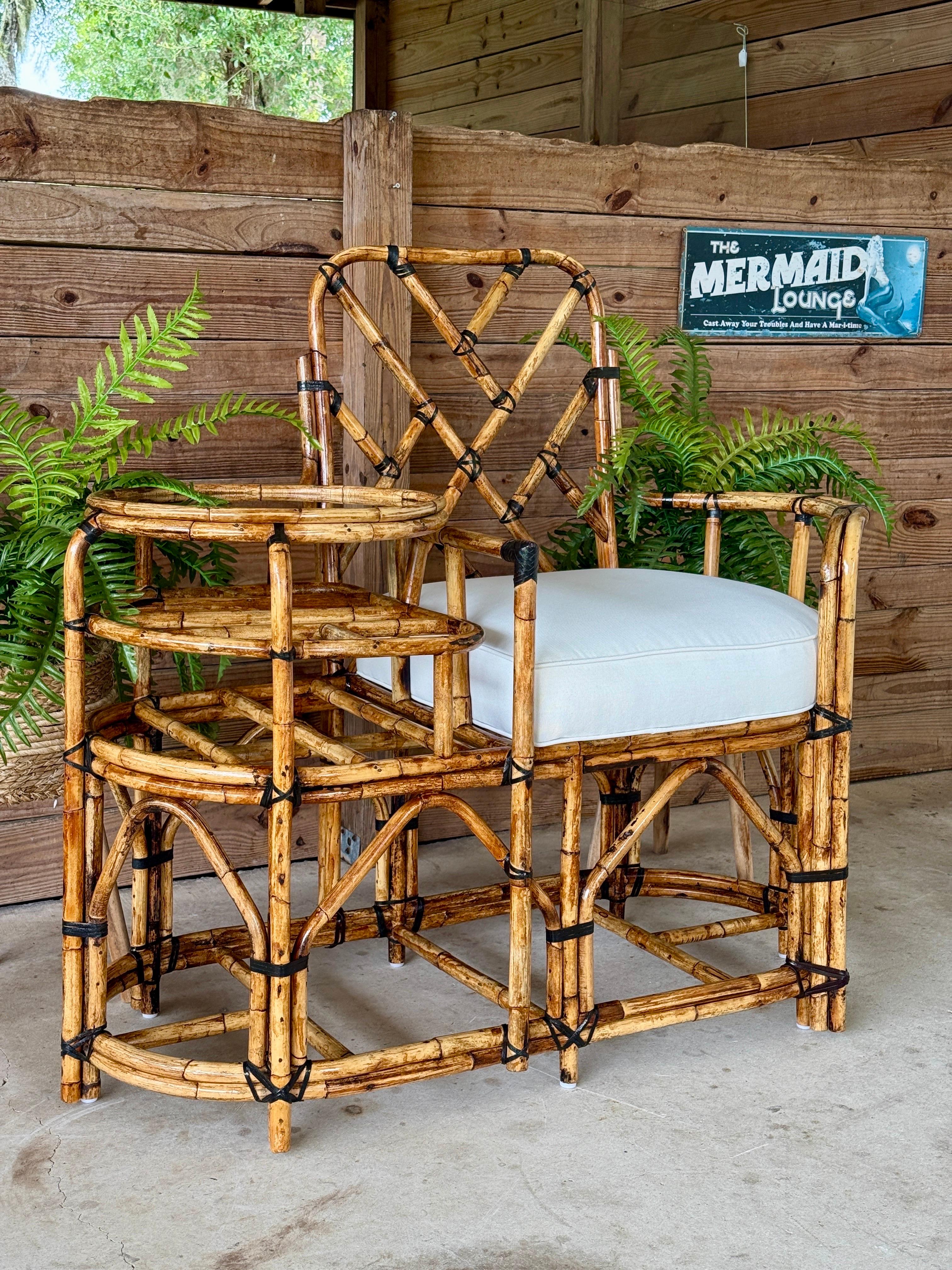 Mid-20th Century Restored Rattan Settee With Built-in Side Table and New Custom For Sale 3
