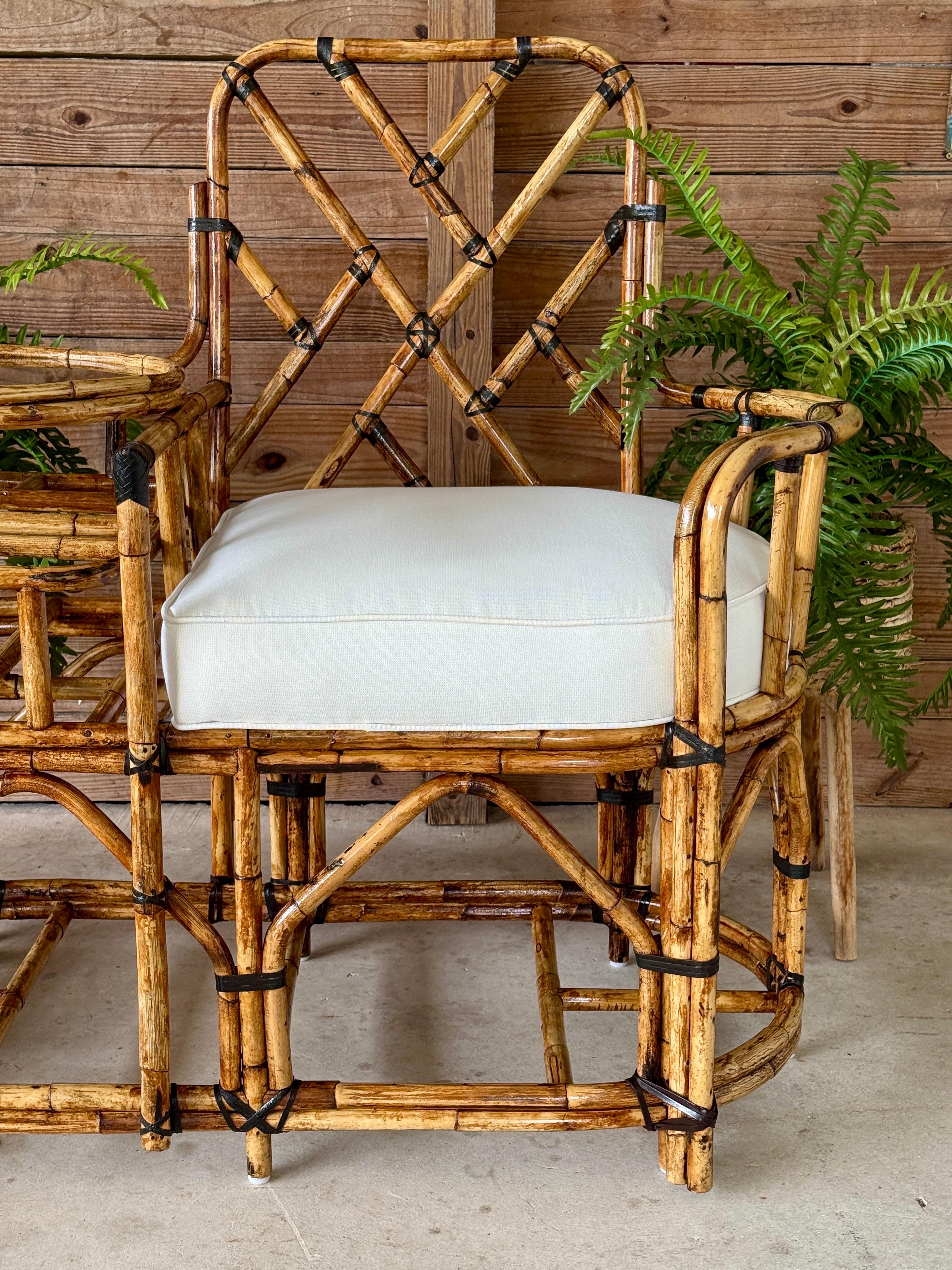 Mid-20th Century Restored Rattan Settee With Built-in Side Table and New Custom For Sale 4