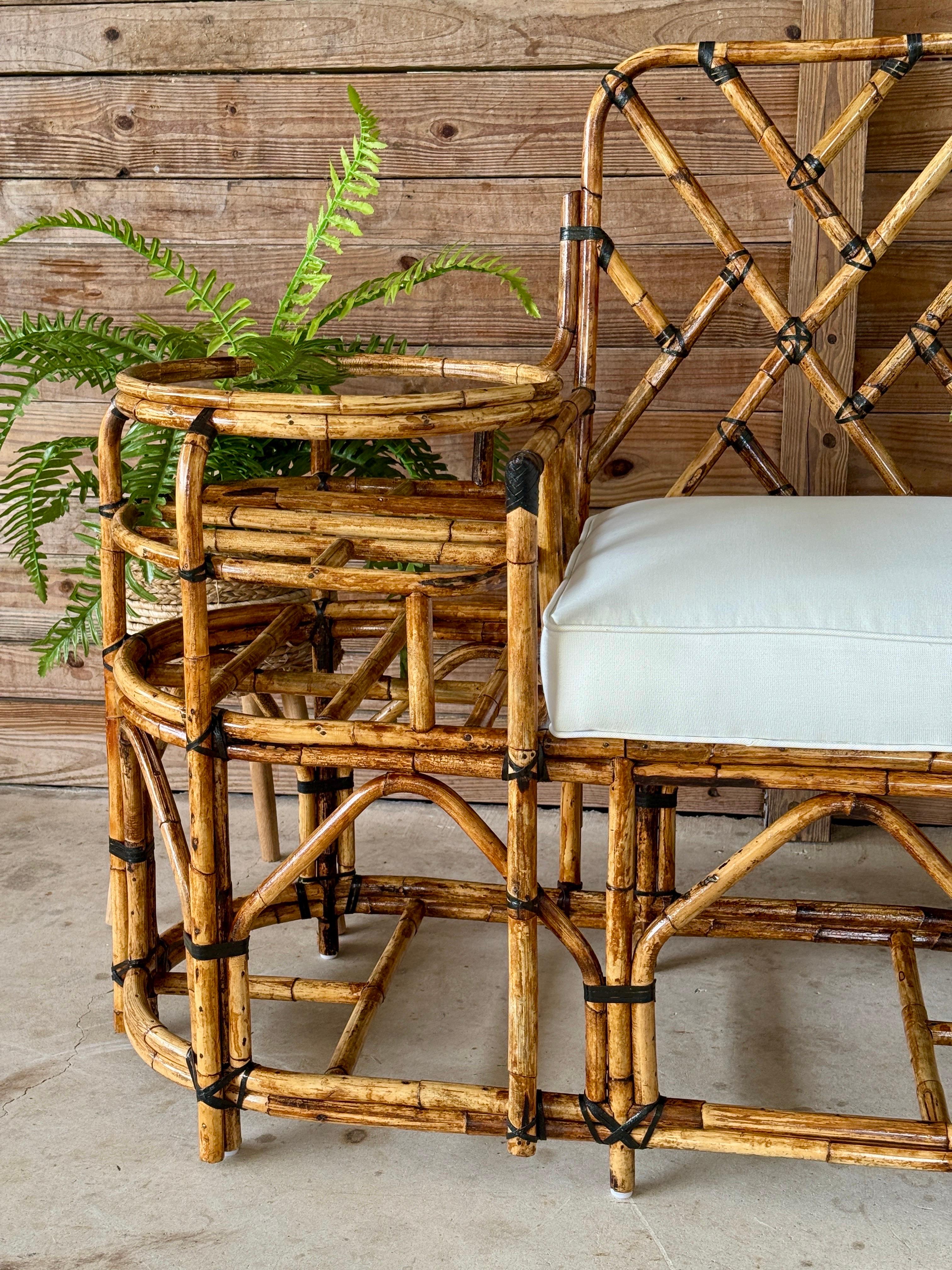 Mid-20th Century Restored Rattan Settee With Built-in Side Table and New Custom For Sale 5