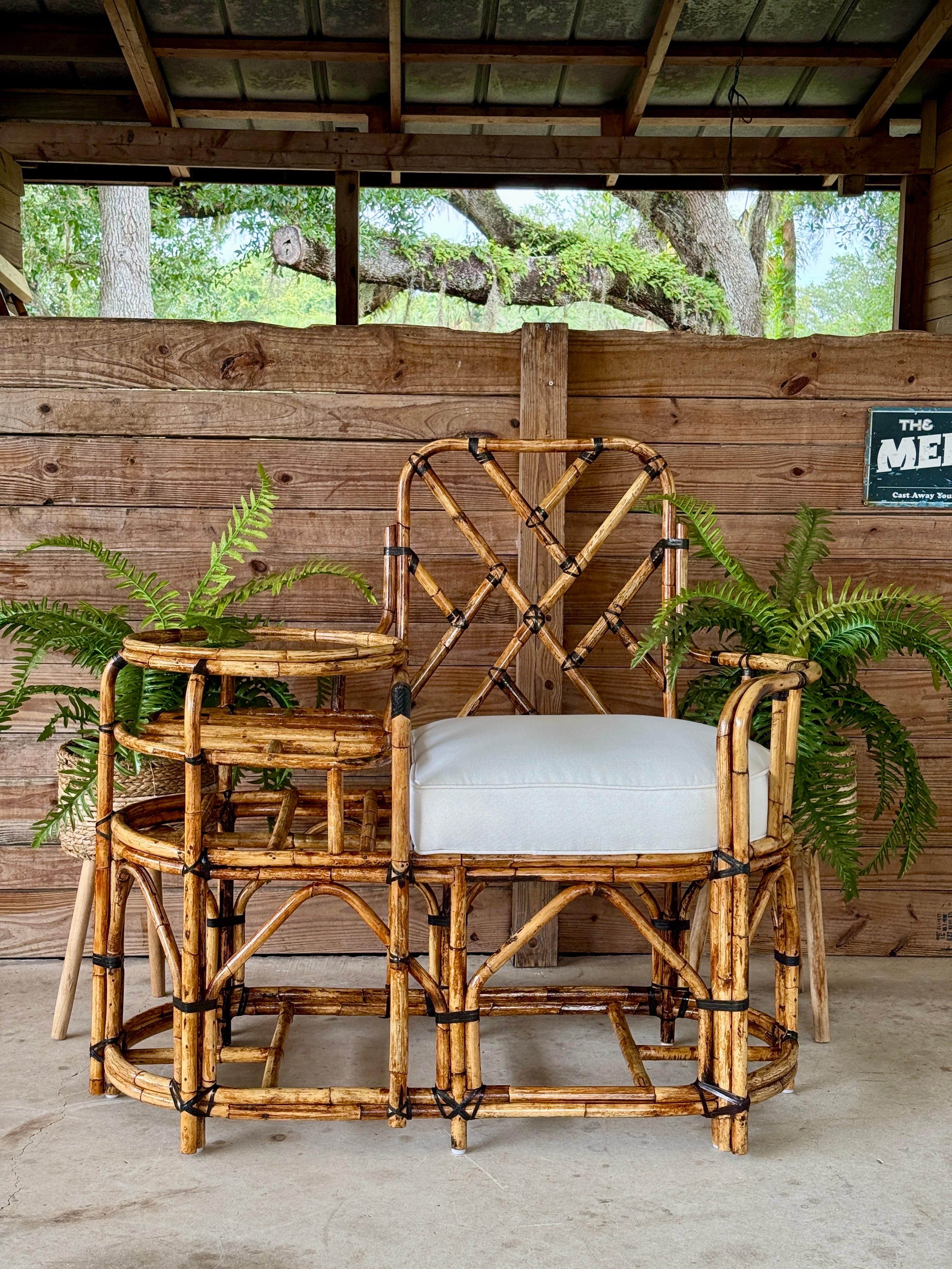 Mid-20th Century Restored Rattan Settee With Built-in Side Table and New Custom For Sale 6