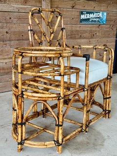 Mid-20th Century Restored Rattan Settee With Built-in Side Table and New Custom