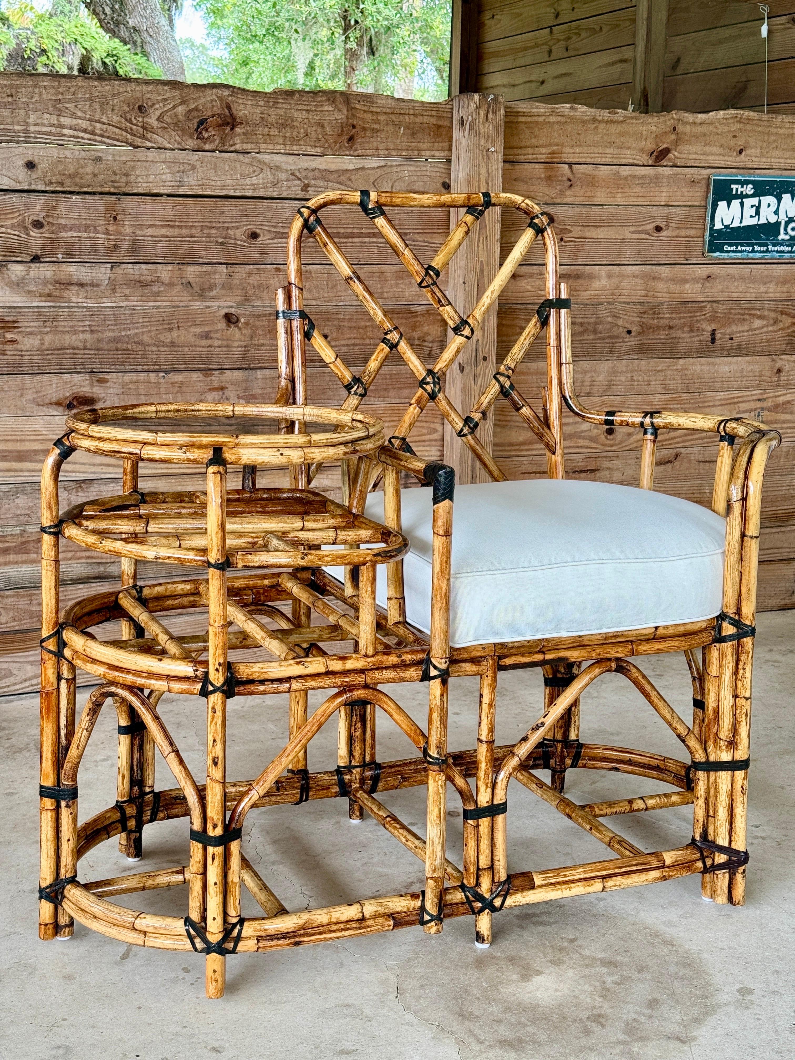 Unknown Mid-20th Century Restored Rattan Settee With Built-in Side Table and New Custom For Sale