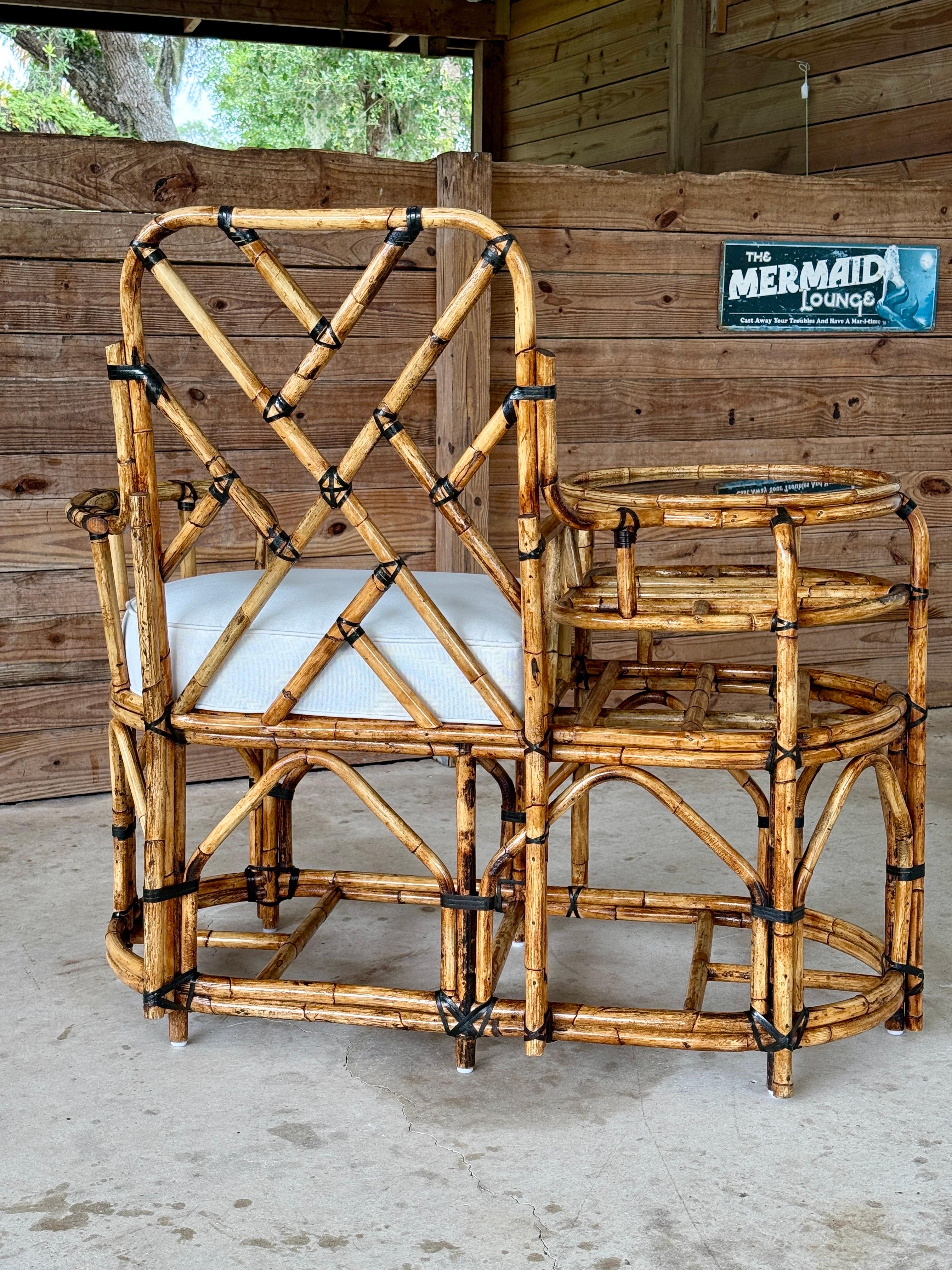 Leather Mid-20th Century Restored Rattan Settee With Built-in Side Table and New Custom For Sale