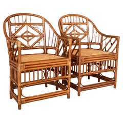 Mid 20th Century Restored Refinished Rattan Fretwork Cane side Arm Chairs  Pair
