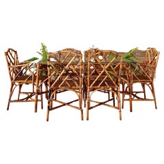 Mid-20th Century Restored Scorched Chippendale Rattan Cane Dining Set