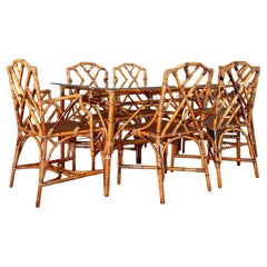 Mid-20th Century Restored Scorched Chippendale Rattan Cane Dining Set