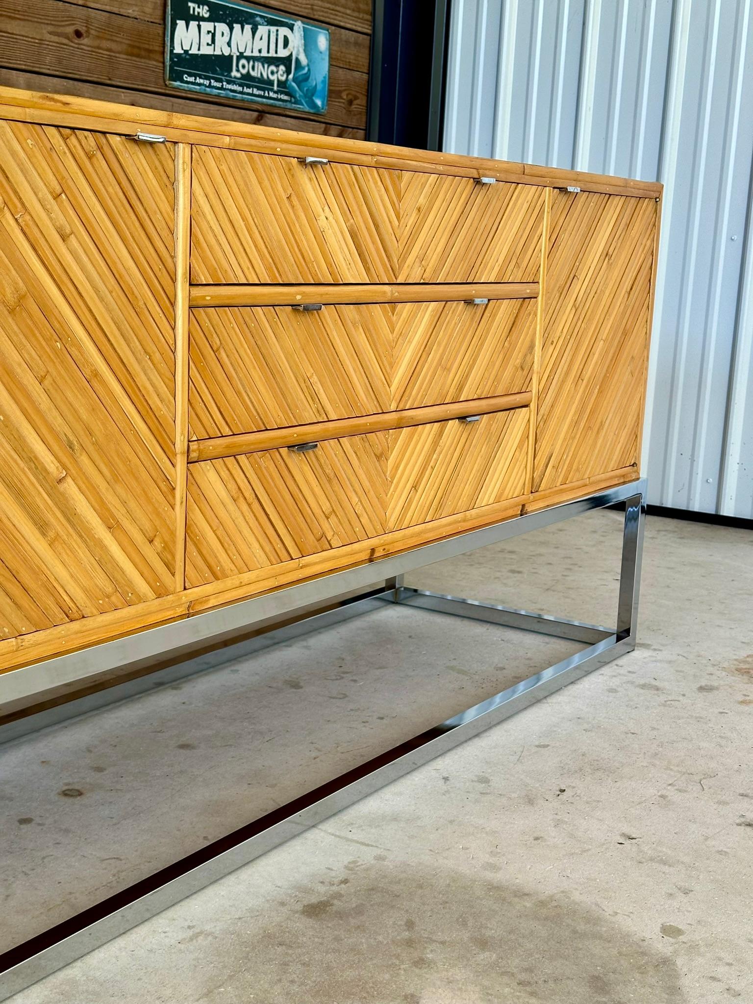 mid-20th Century Restored Split Bamboo Chrome Credenza Manner of Milo Baughman For Sale 6