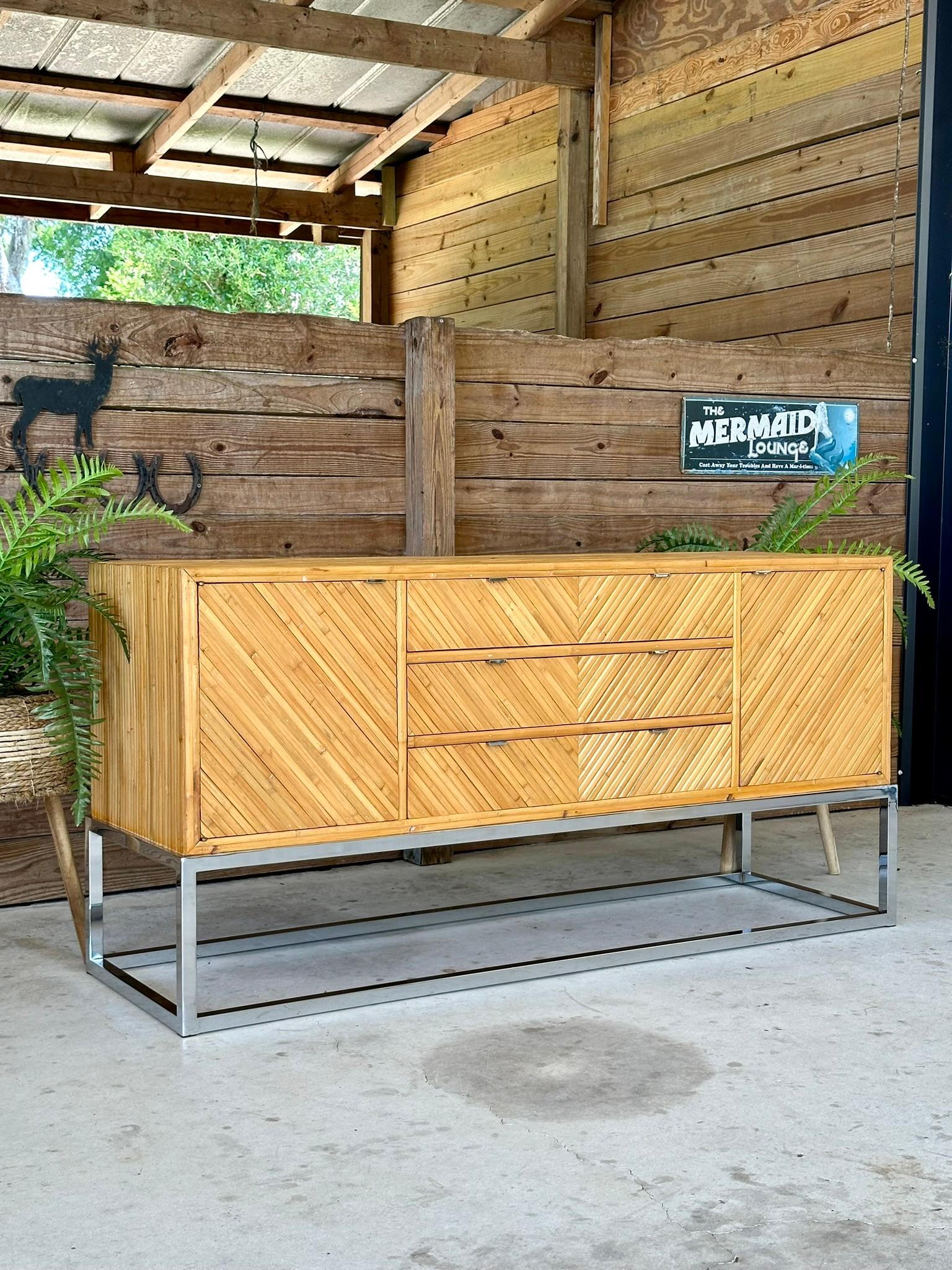 mid-20th Century Restored Split Bamboo Chrome Credenza Manner of Milo Baughman For Sale 10