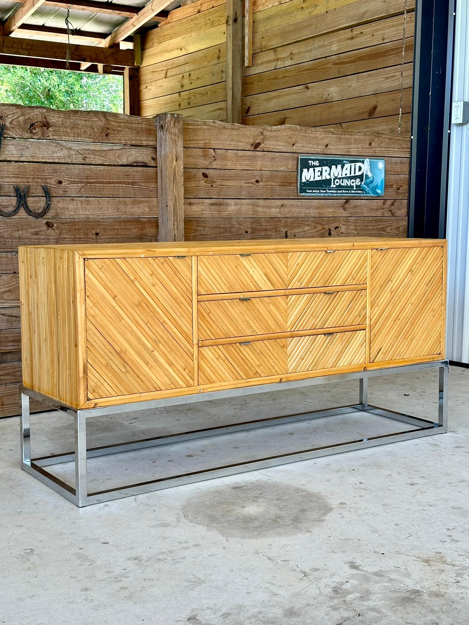 Mid-Century Modern mid-20th Century Restored Split Bamboo Chrome Credenza Manner of Milo Baughman For Sale