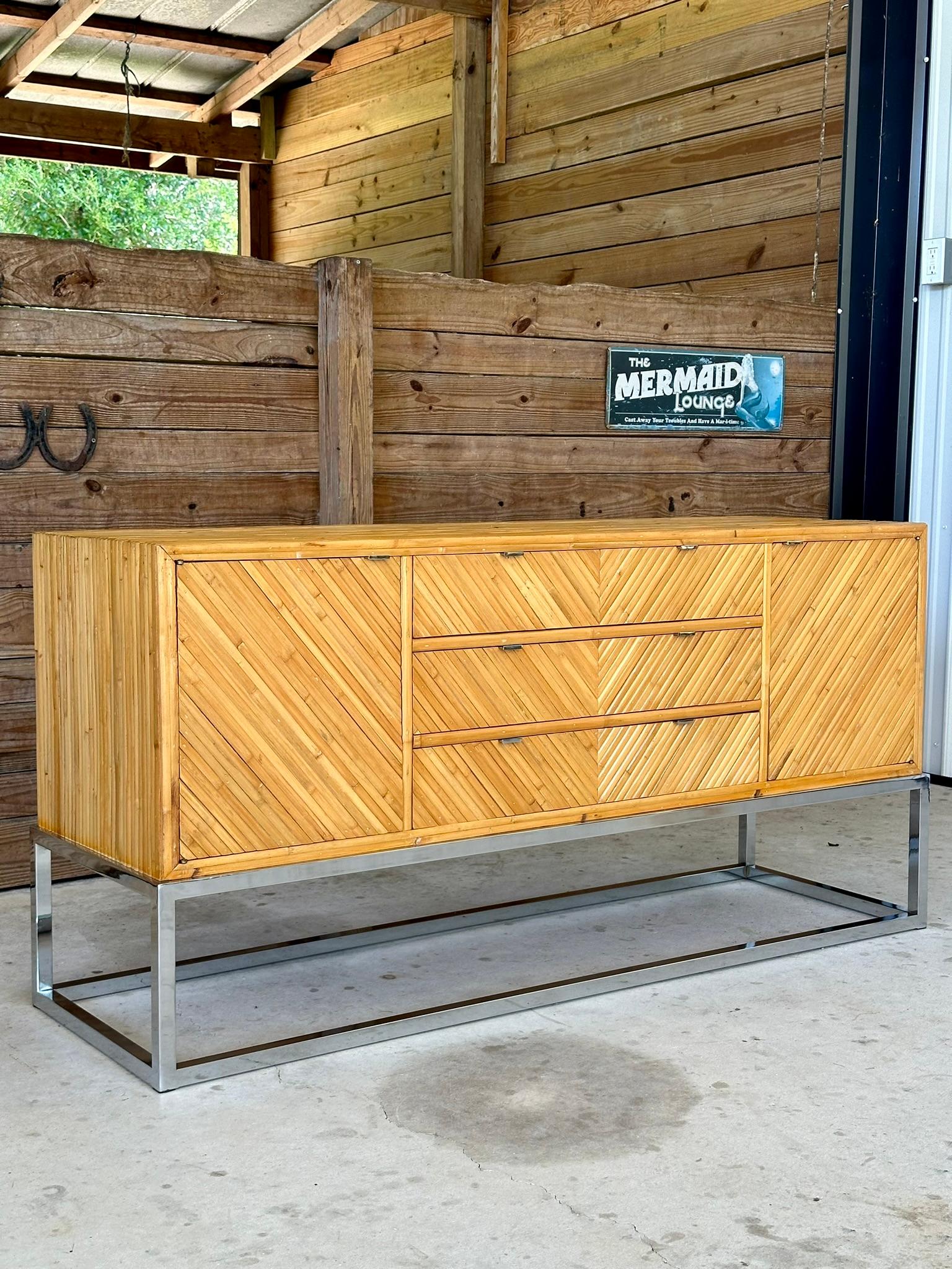 American mid-20th Century Restored Split Bamboo Chrome Credenza Manner of Milo Baughman For Sale