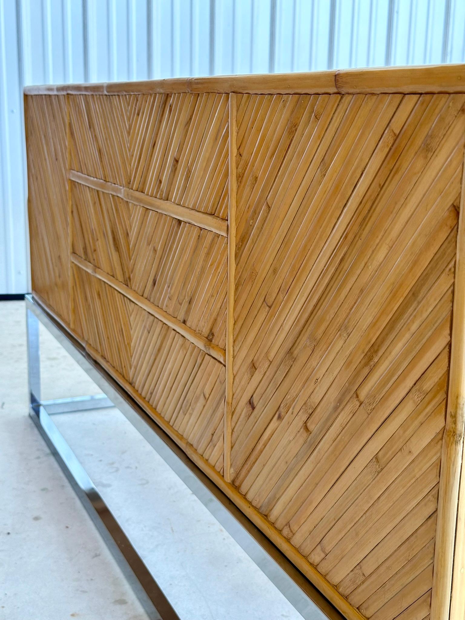 mid-20th Century Restored Split Bamboo Chrome Credenza Manner of Milo Baughman In Good Condition For Sale In North Fort Myers, FL