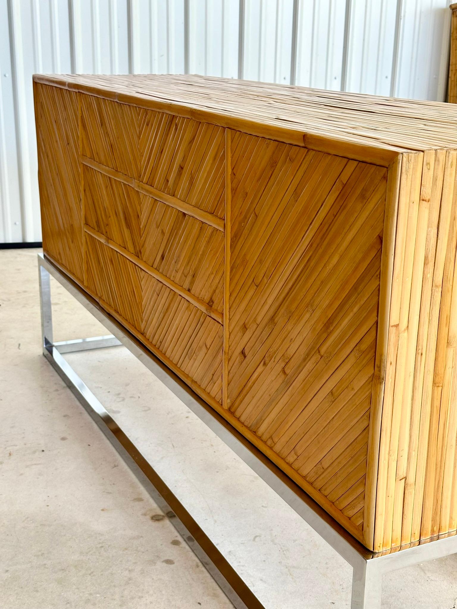 mid-20th Century Restored Split Bamboo Chrome Credenza Manner of Milo Baughman For Sale 1