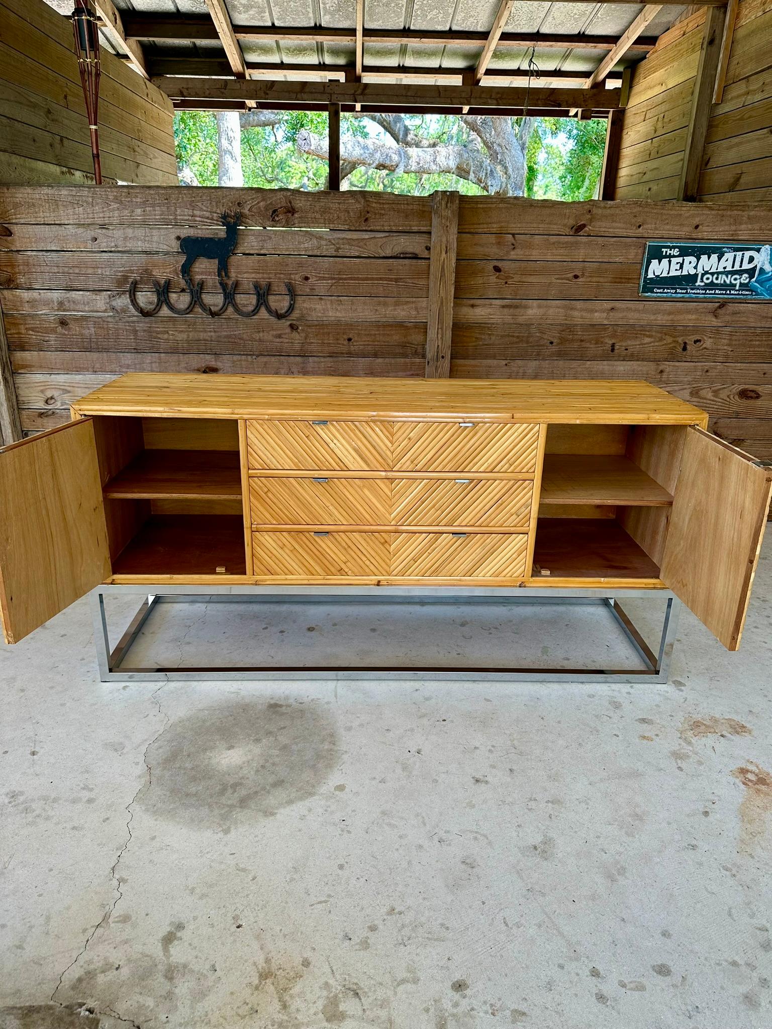mid-20th Century Restored Split Bamboo Chrome Credenza Manner of Milo Baughman For Sale 3