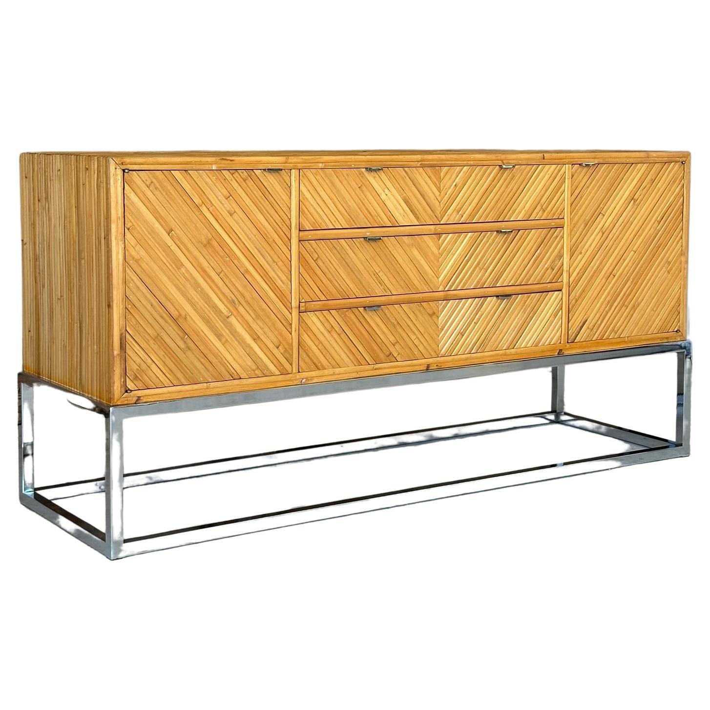 mid-20th Century Restored Split Bamboo Chrome Credenza Manner of Milo Baughman