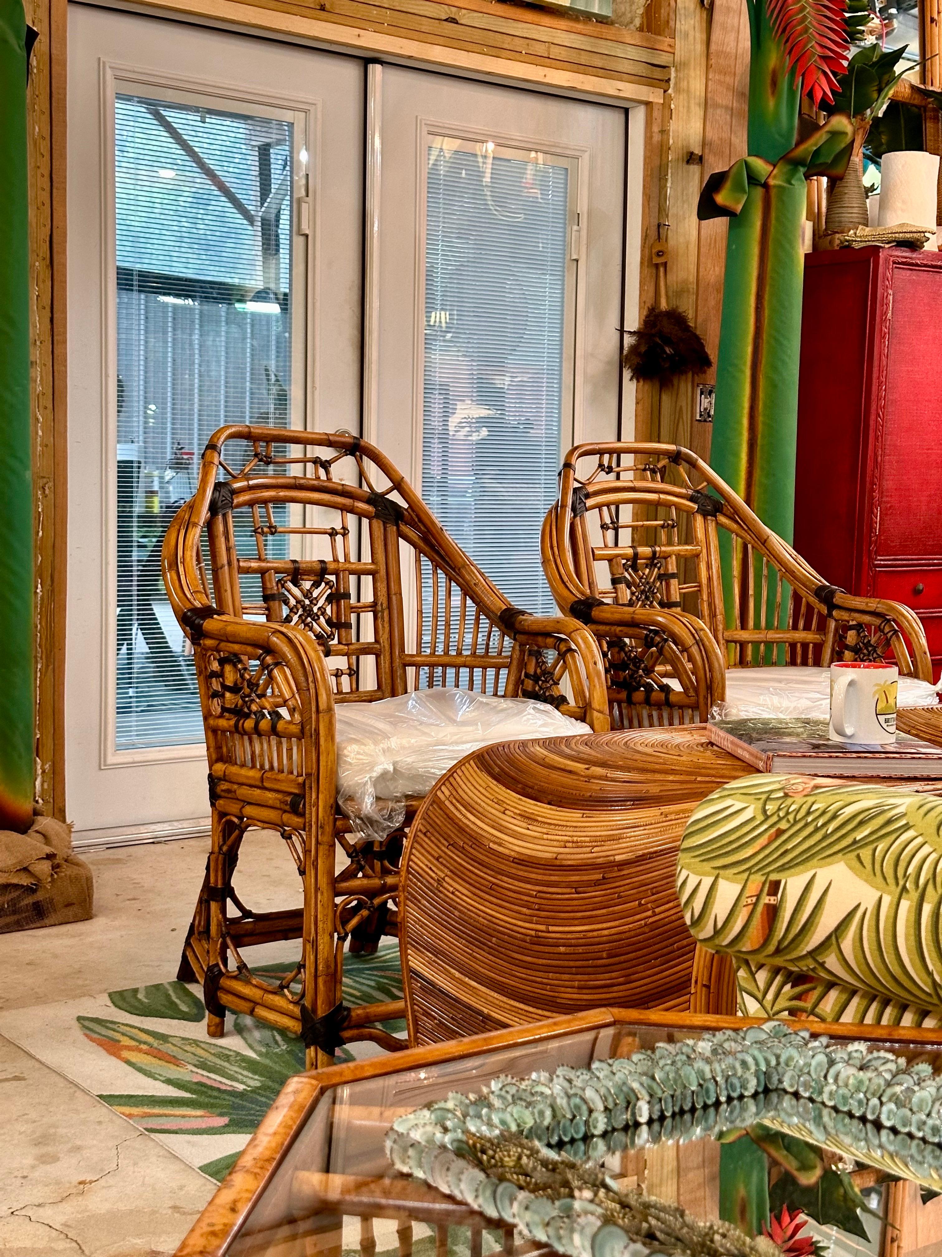 Mid-20th Century Restored Upholstered Rattan Fretwork Chippendale Side Chairs 9