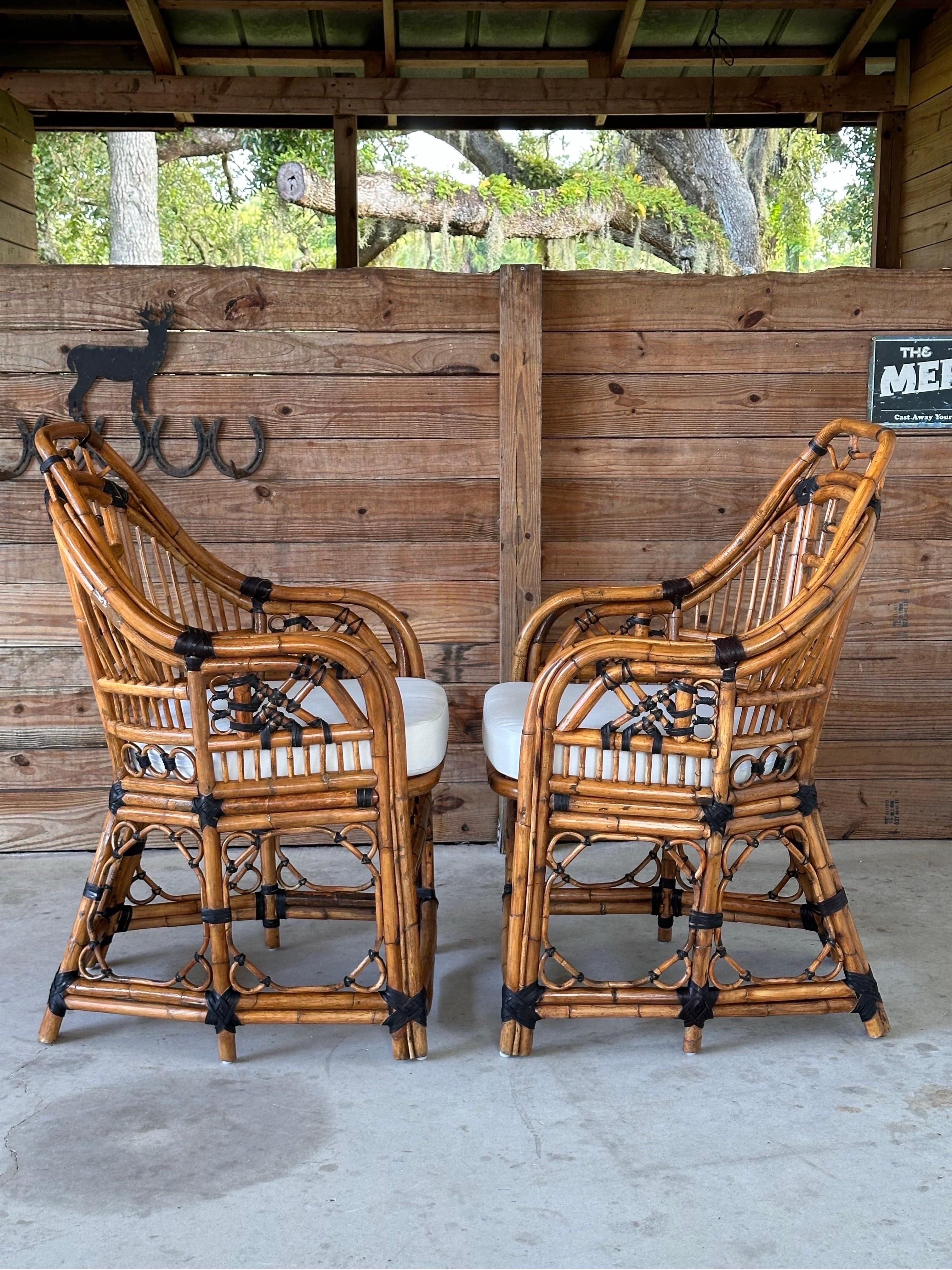 Organic Modern Mid-20th Century Restored Upholstered Rattan Fretwork Chippendale Side Chairs