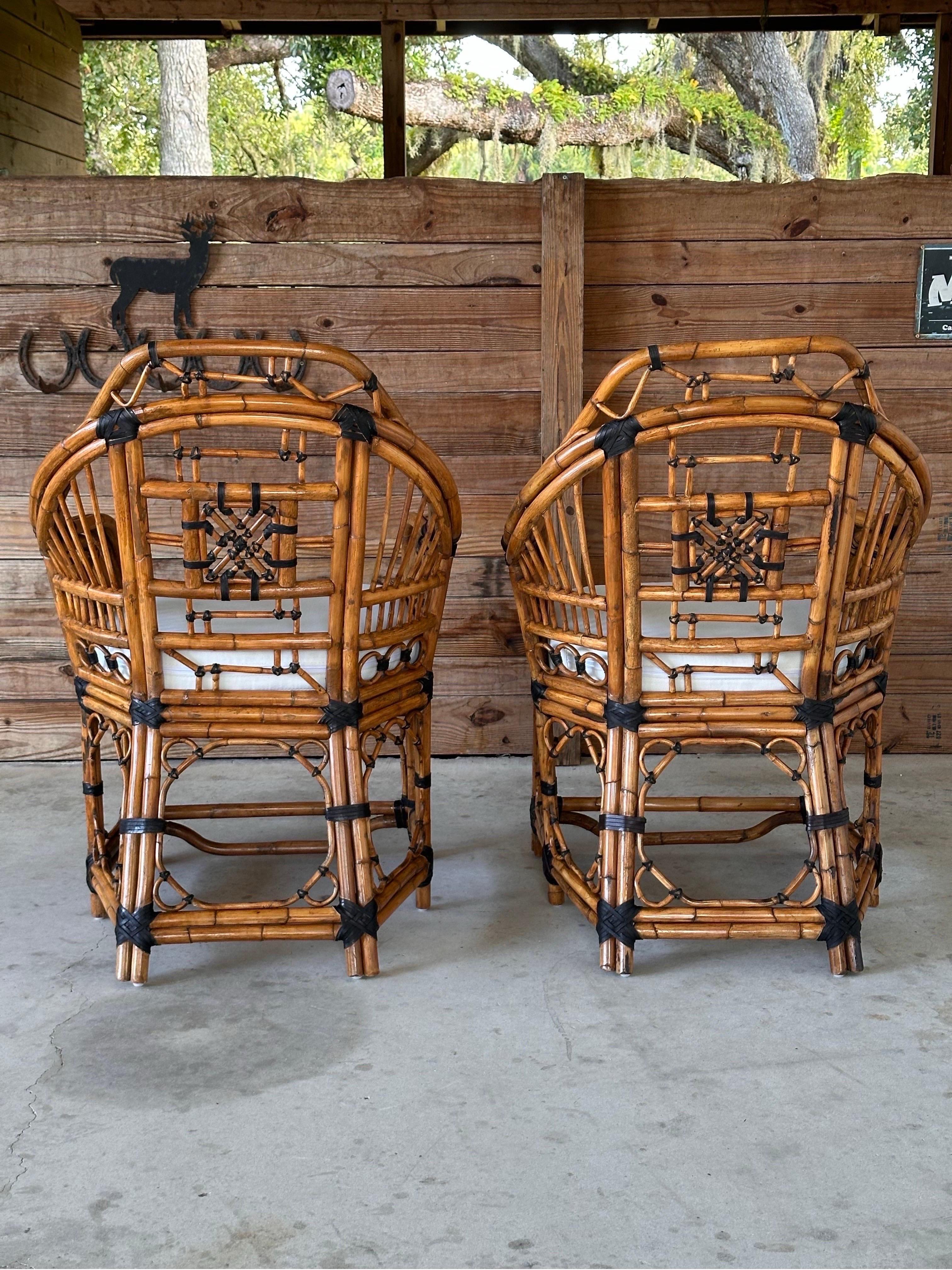 Unknown Mid-20th Century Restored Upholstered Rattan Fretwork Chippendale Side Chairs