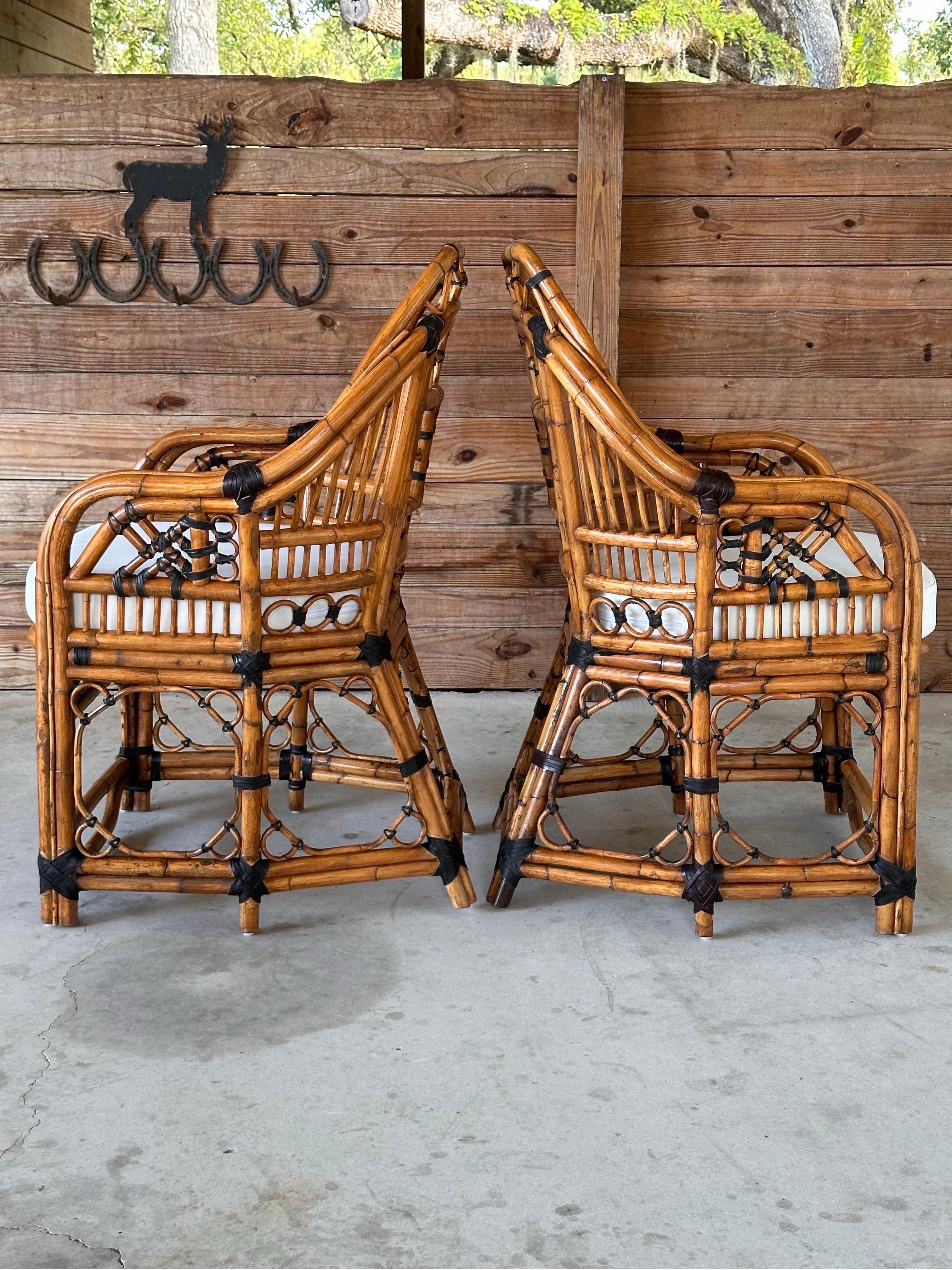 Leather Mid-20th Century Restored Upholstered Rattan Fretwork Chippendale Side Chairs