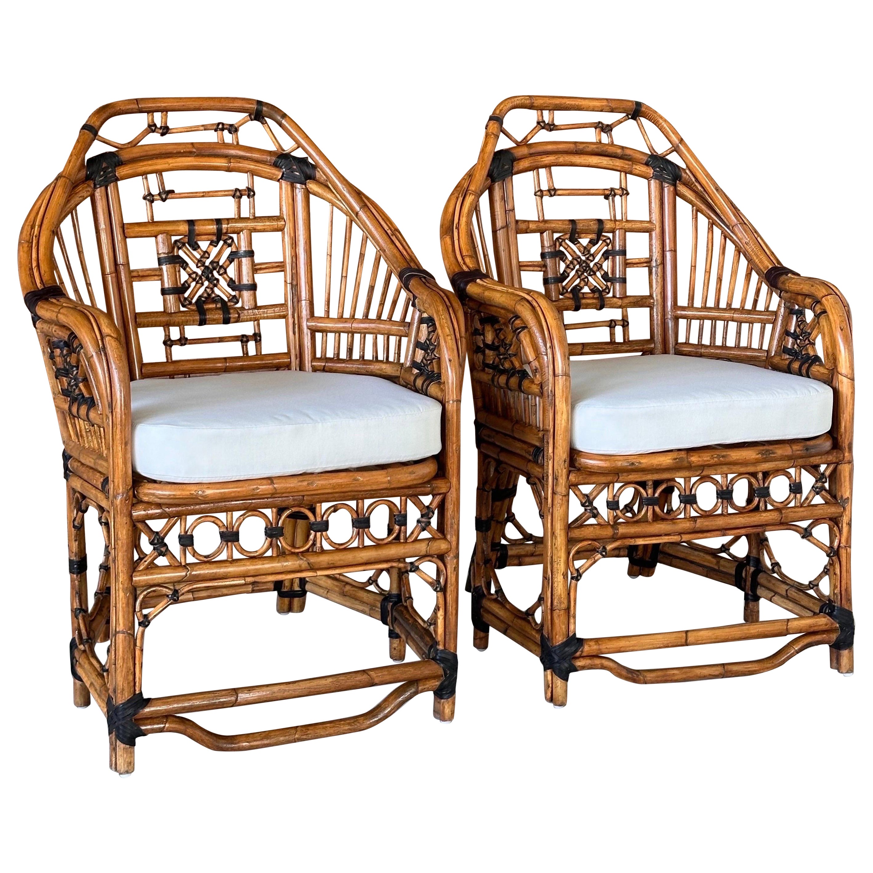Mid-20th Century Restored Upholstered Rattan Fretwork Chippendale Side Chairs
