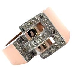 Anillo vintage de oro rosa de 18 quilates con diamantes retro de mediados del siglo XX