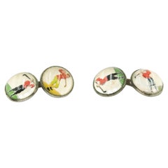 Mid 20th Century Reverse Painted Intaglio Crystal Golf Golfer Cufflinks