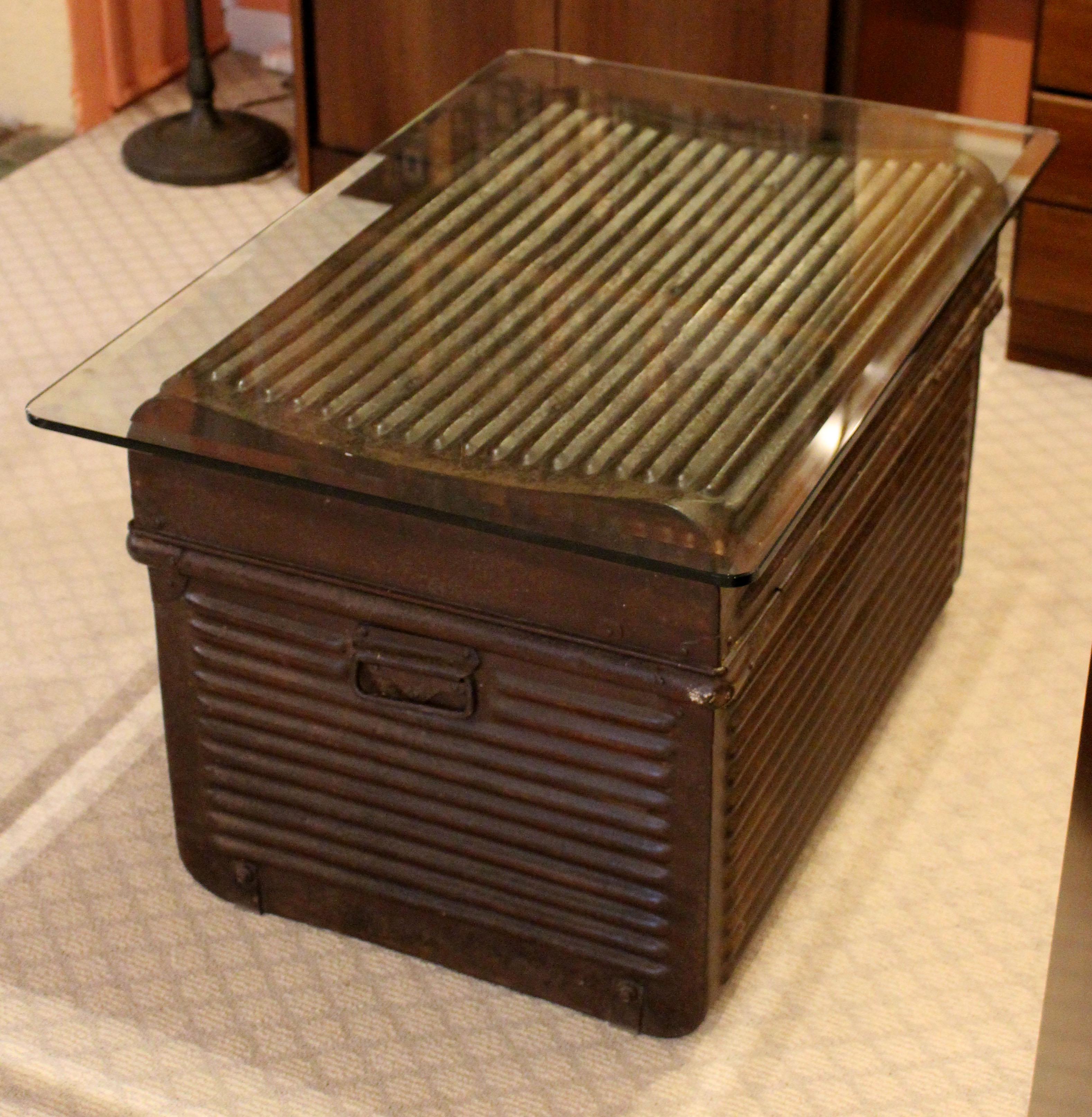 Industrial Mid 20th Century, Ribbed Metal Trunk with Glass Top