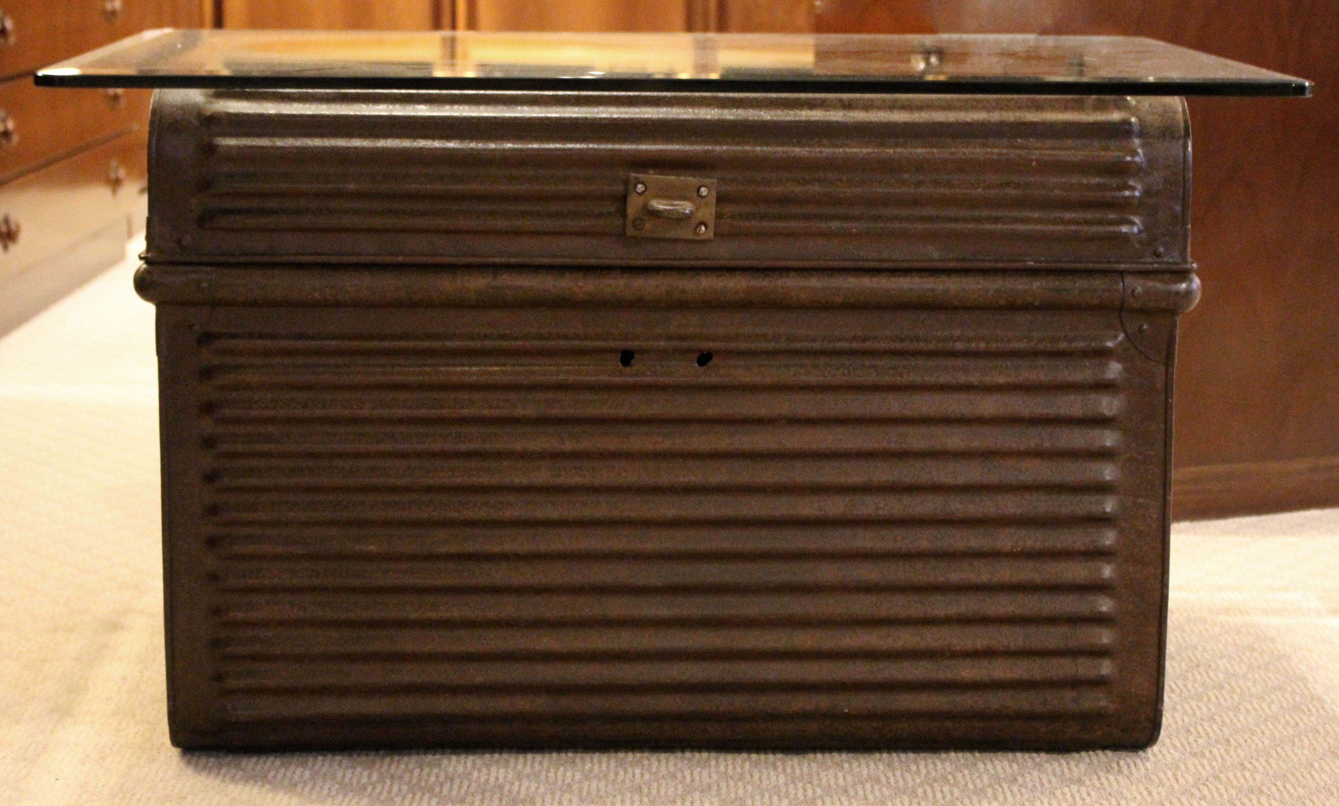 Mid 20th Century, Ribbed Metal Trunk with Glass Top 1