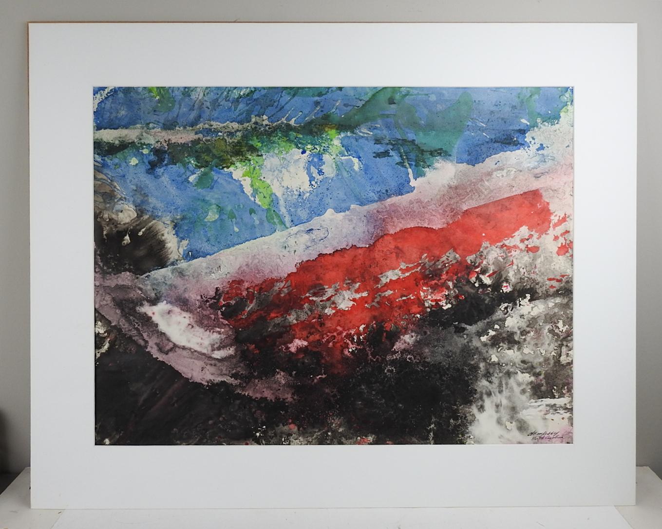 Vintage mid 20th century watercolor on paper abstract painting by Richard Dempsey (1909 - 1987) American.  Signed lower right Dempsey,  North Carolina, Titled Beach and Reef #8 on verso with artists stamp.  Franz Bader Gallery, Washington DC label