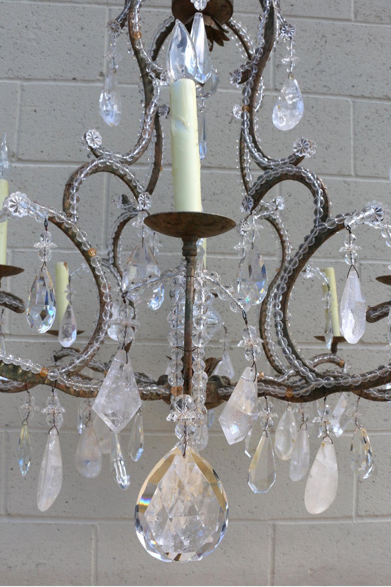 French Provincial Mid 20th Century Rock Crystal Eight Light Chandelier For Sale