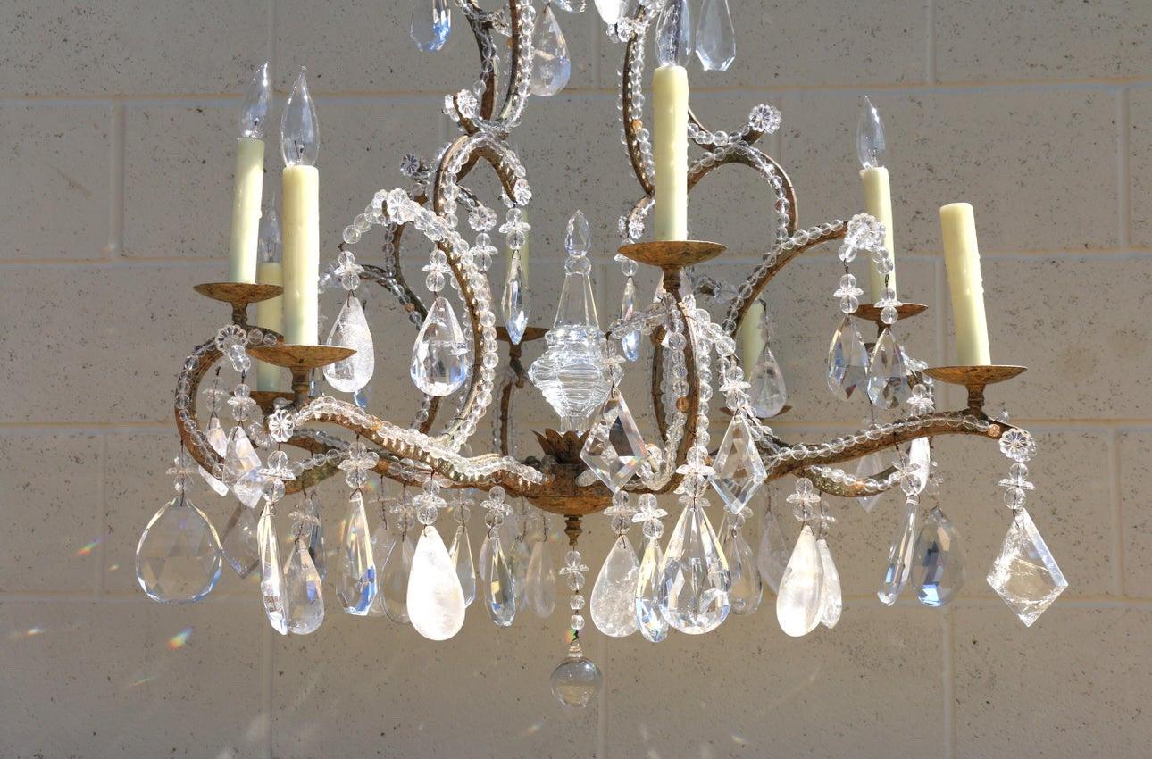 Metal Mid 20th Century Rock Crystal Eight Light Chandelier For Sale
