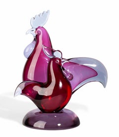 Sculpture colorée en verre de Murano, Italie, milieu du 20e siècle Coq et poule Seguso
