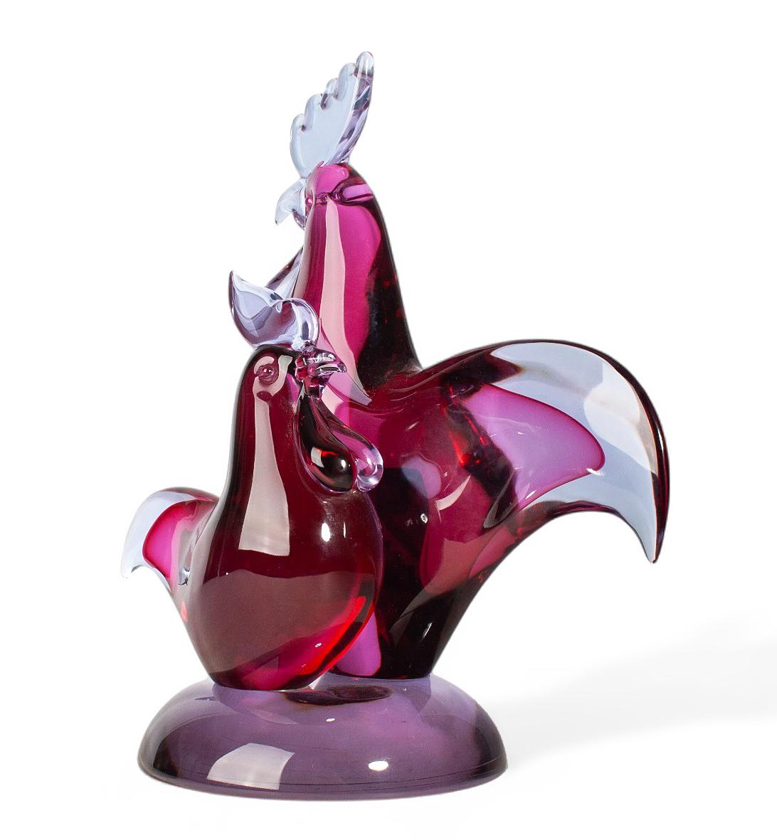 Mid-Century Modern Mid-20th Century Rooster and Hen Seguso Murano Glass Colorful Sculpture, Italy For Sale