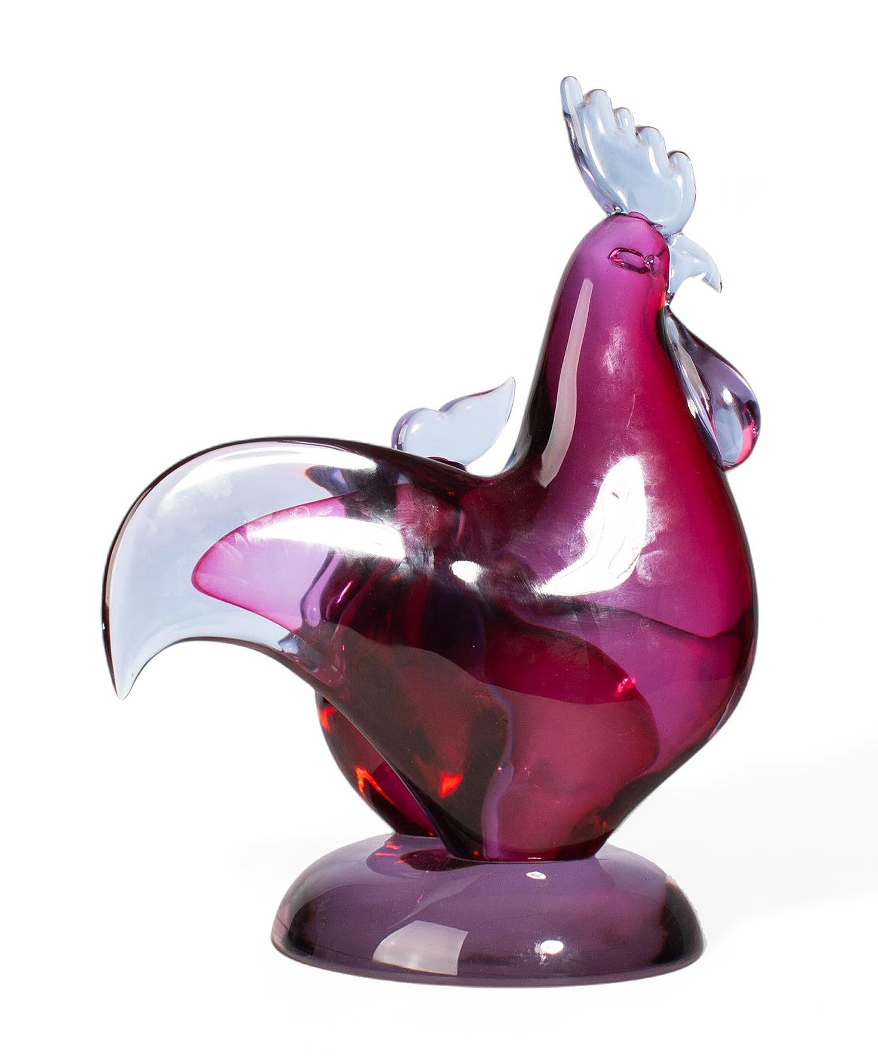 Italian Mid-20th Century Rooster and Hen Seguso Murano Glass Colorful Sculpture, Italy For Sale