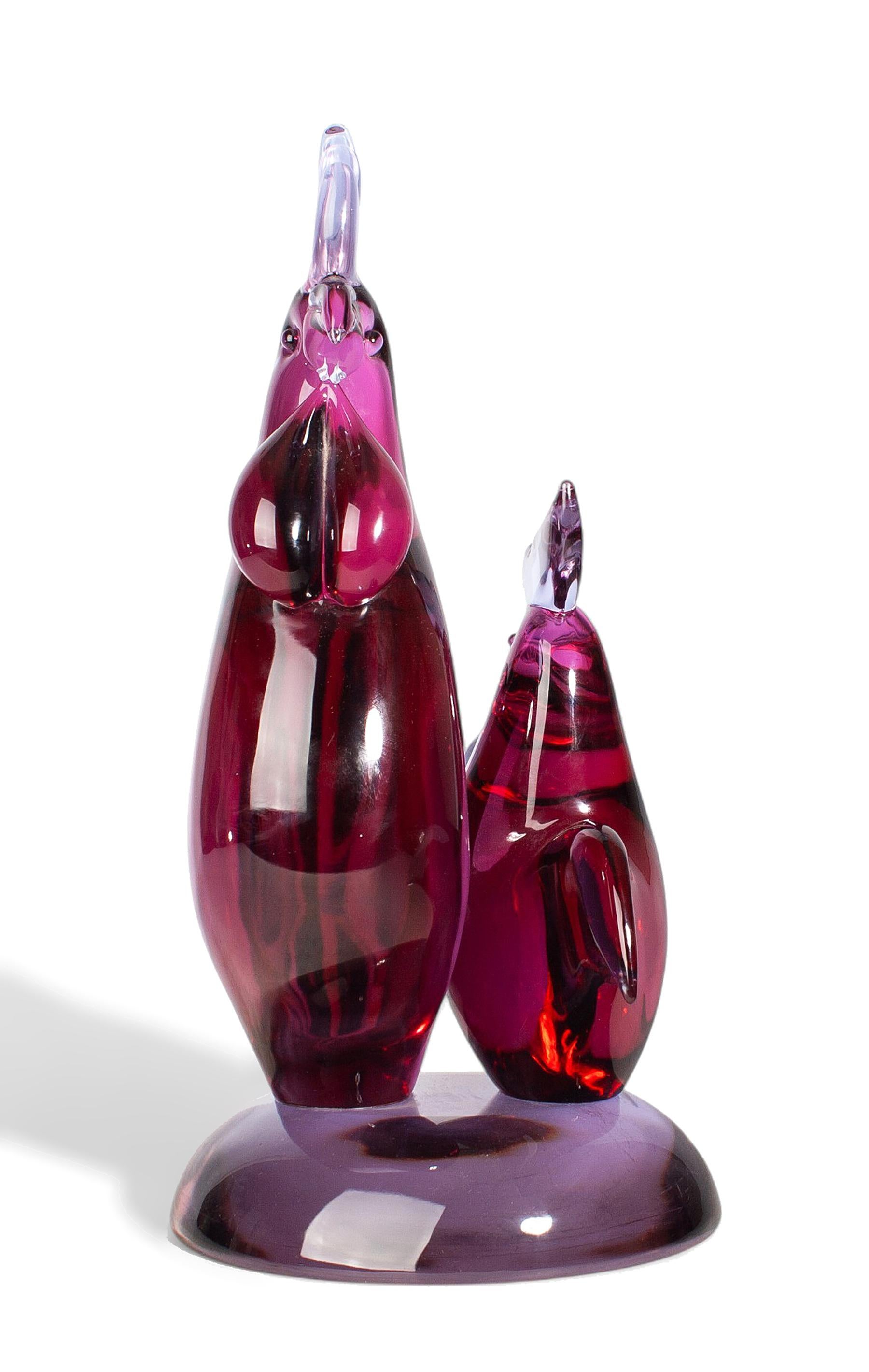 Cast Mid-20th Century Rooster and Hen Seguso Murano Glass Colorful Sculpture, Italy For Sale