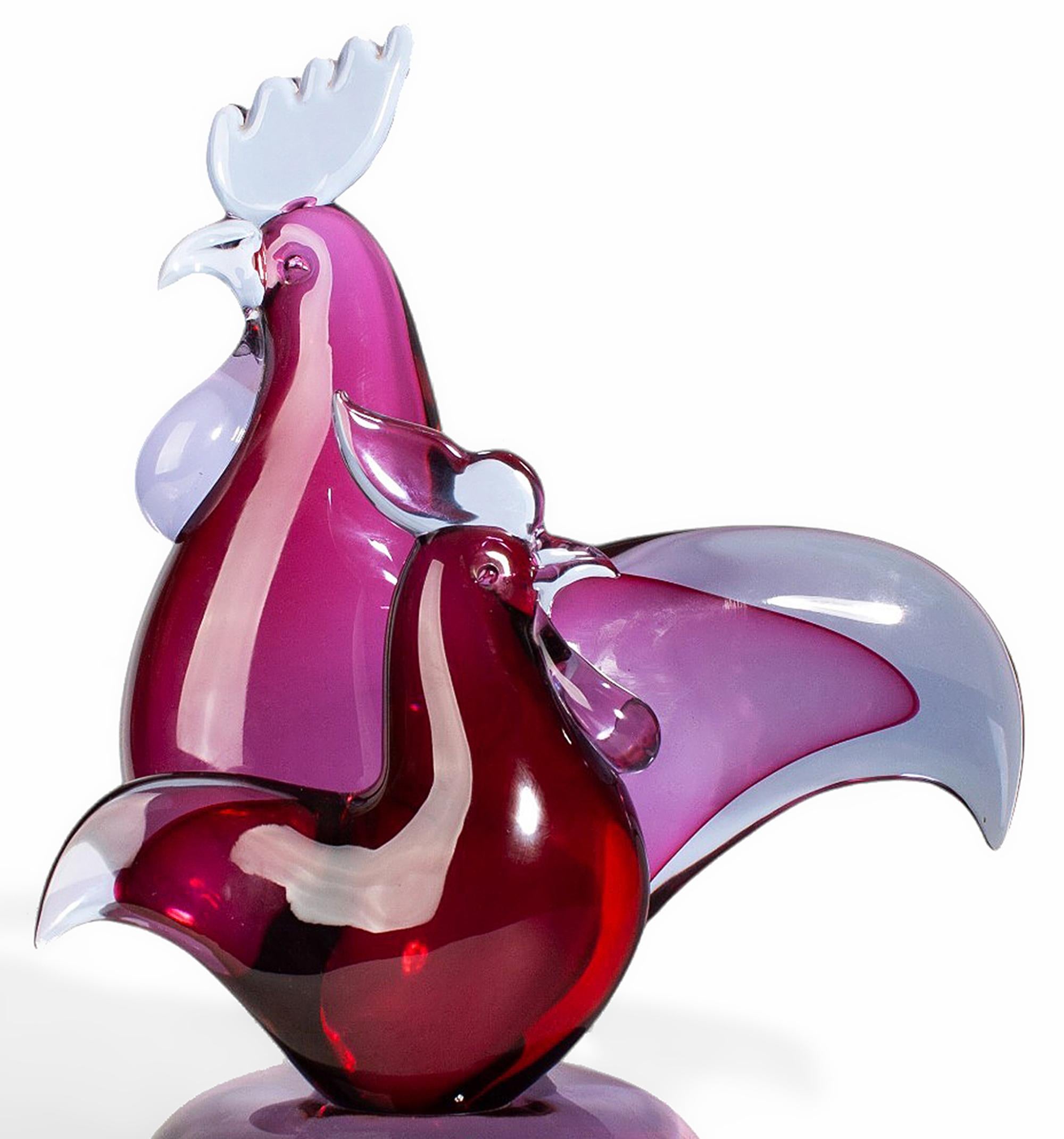 Mid-20th Century Rooster and Hen Seguso Murano Glass Colorful Sculpture, Italy For Sale 2