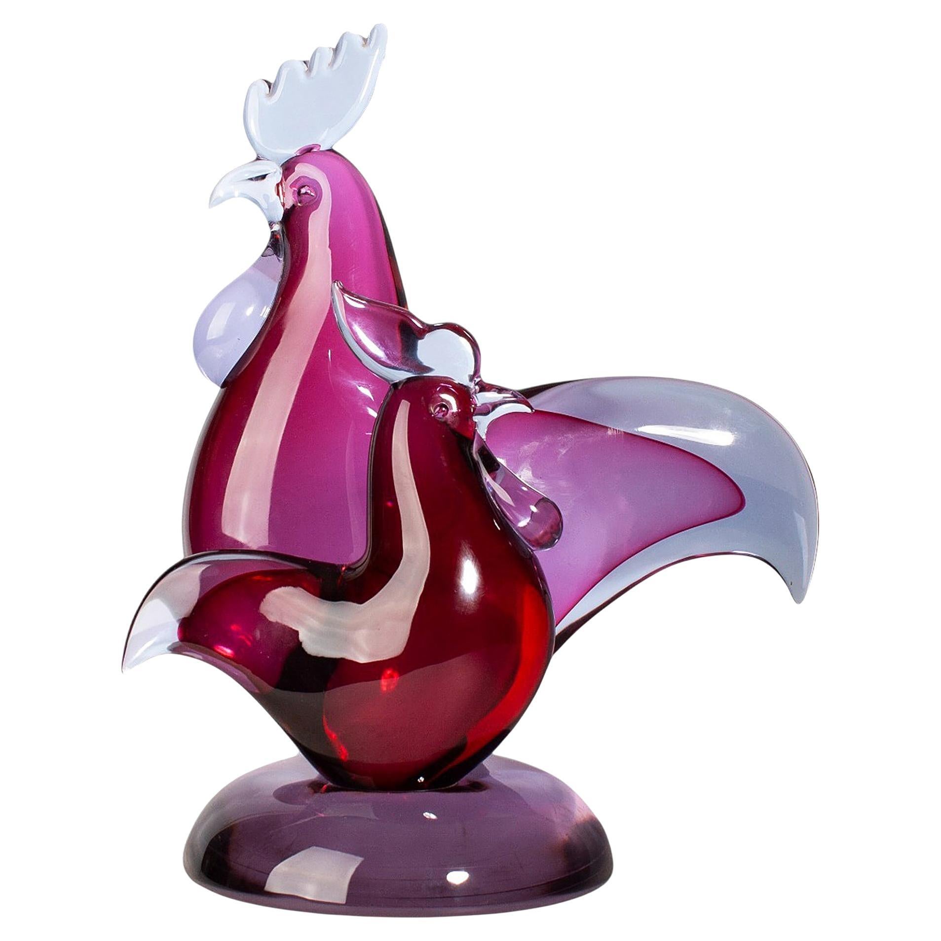 Mid-20th Century Rooster and Hen Seguso Murano Glass Colorful Sculpture, Italy For Sale