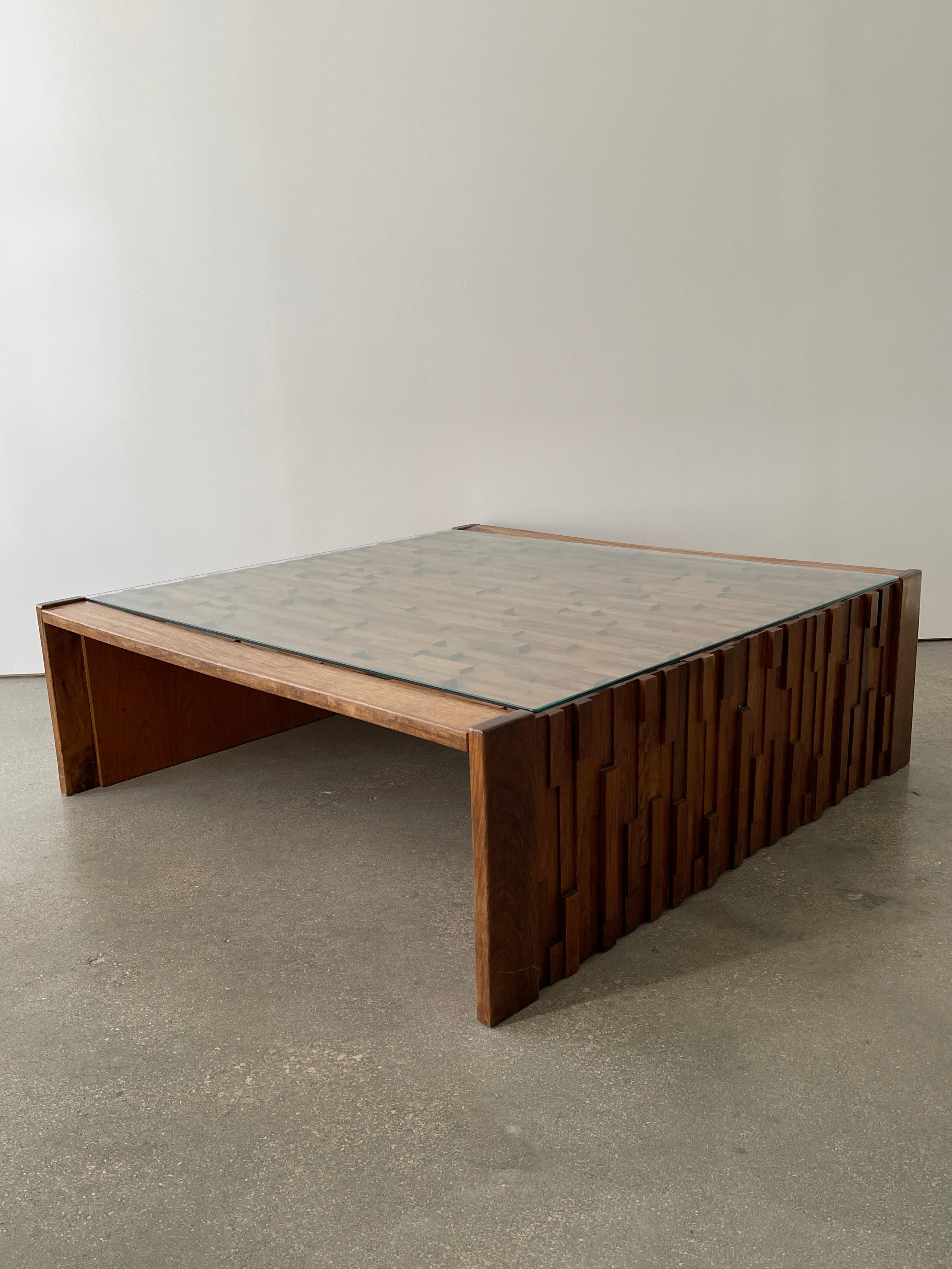 Mid 20th Century Rosewood Percival Lafer coffee table made in Brazil, 1960s. The table was made of several wooden parts including rosewood, teak, jacaranda and a glass top. Beautifully handcrafted piece by piece to create an exceptional piece of