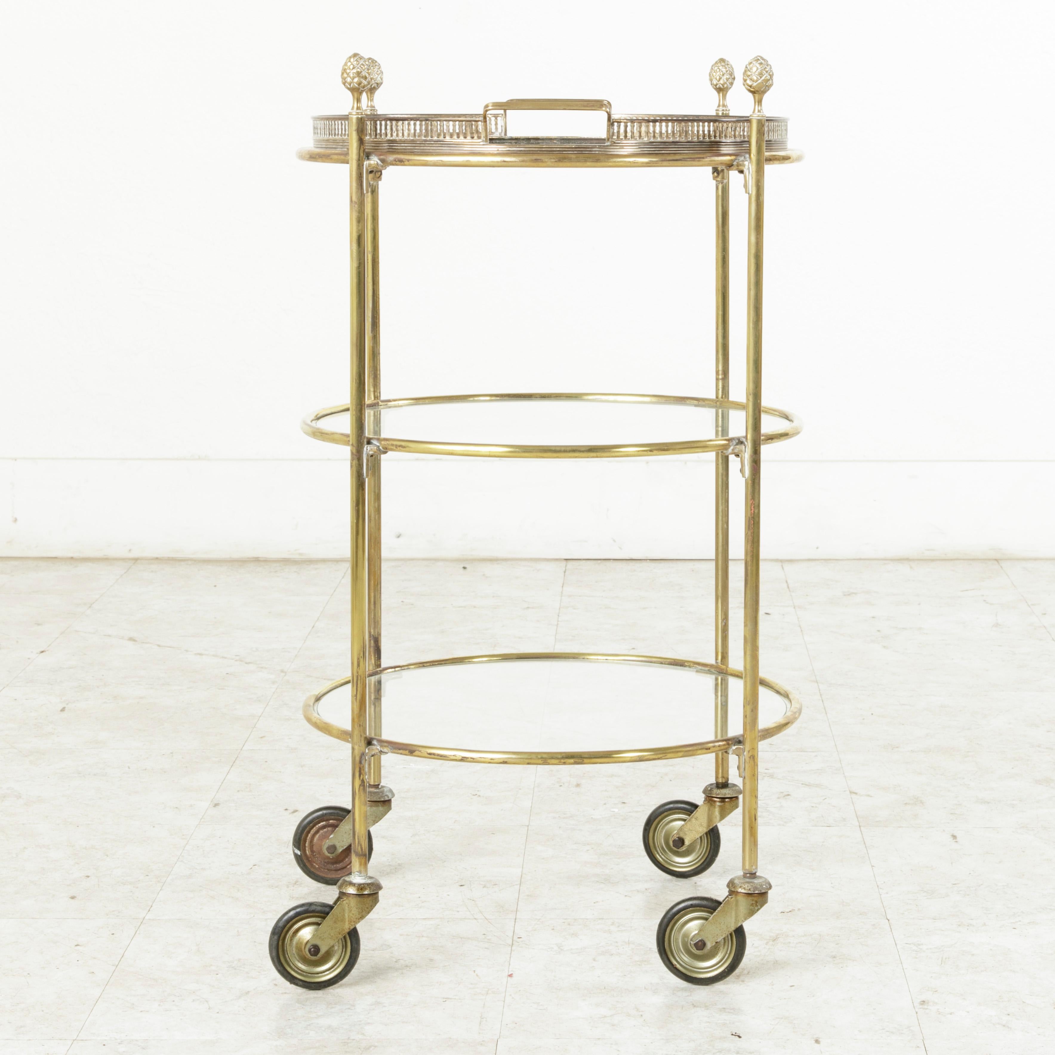French Mid-20th Century Round Brass Bar Cart or Dry Bar with Three Glass Shelves