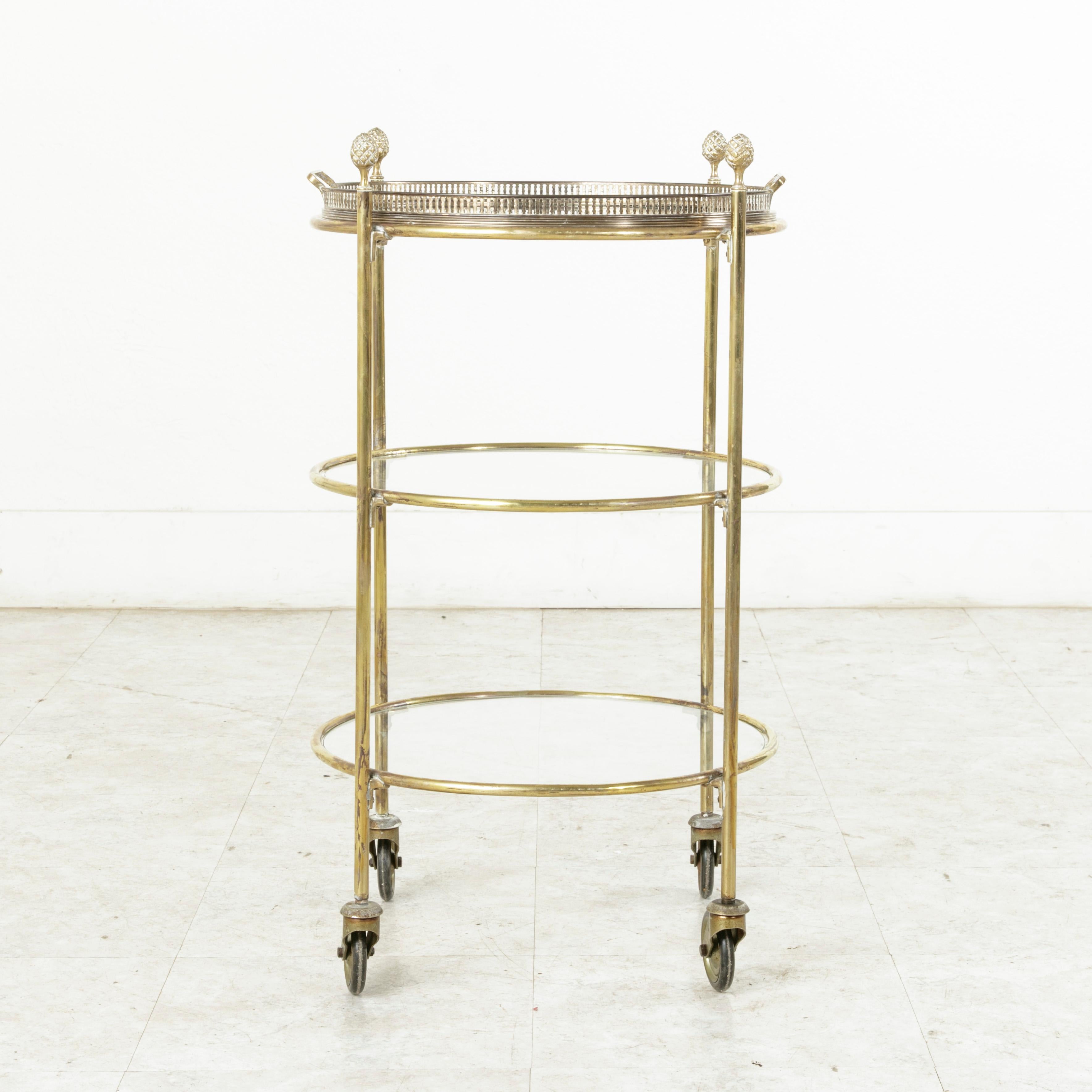 Mid-20th Century Round Brass Bar Cart or Dry Bar with Three Glass Shelves In Good Condition In Fayetteville, AR