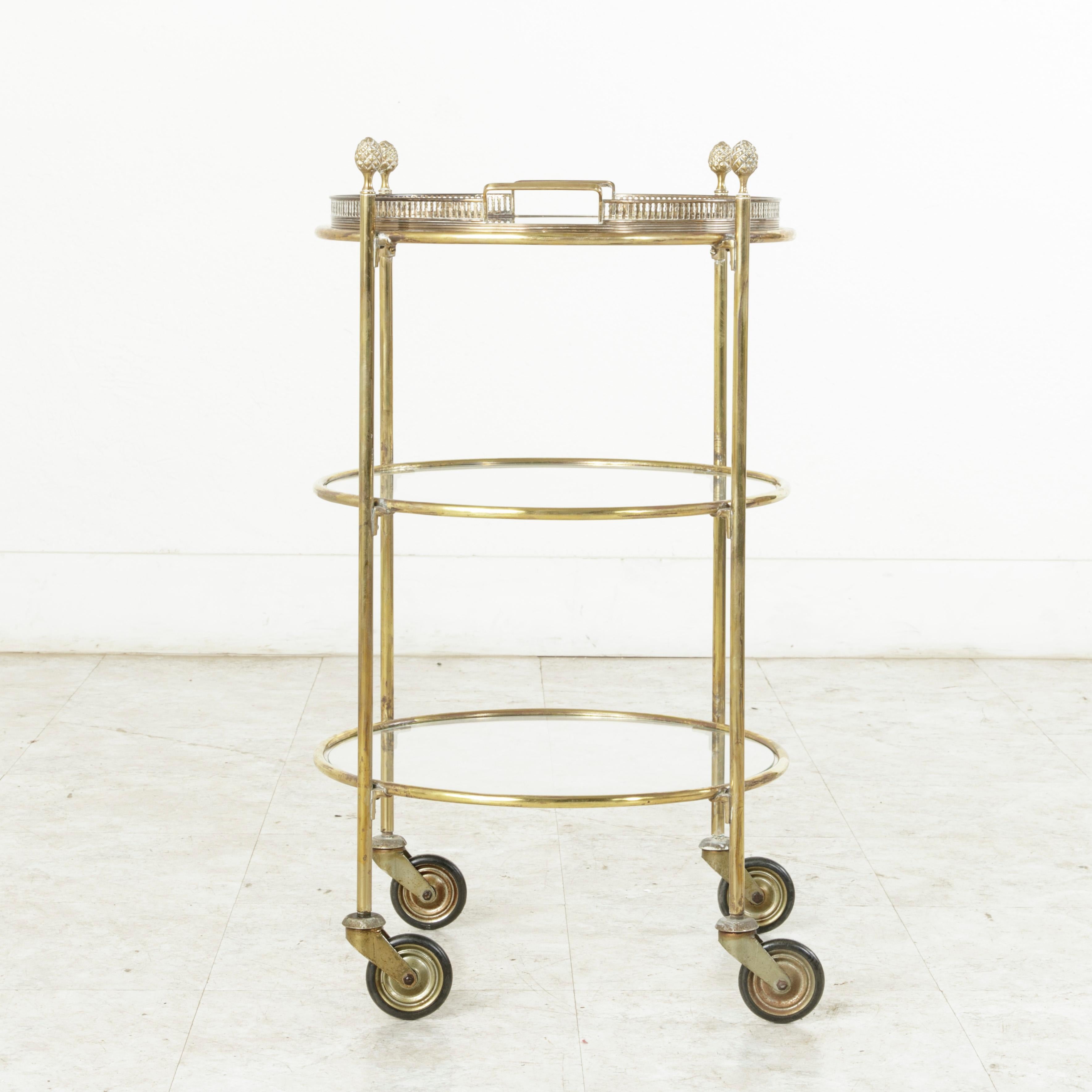 Mid-20th Century Round Brass Bar Cart or Dry Bar with Three Glass Shelves 1