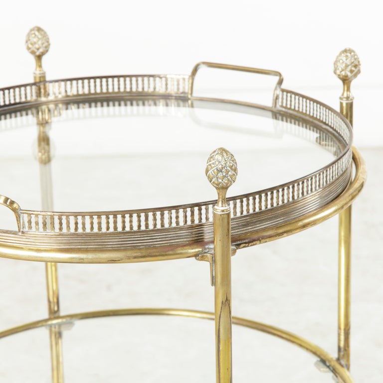 Mid20th Century Round Brass Bar Cart or Dry Bar with Three Glass