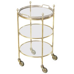 Mid-20th Century Round Brass Bar Cart or Dry Bar with Three Glass Shelves