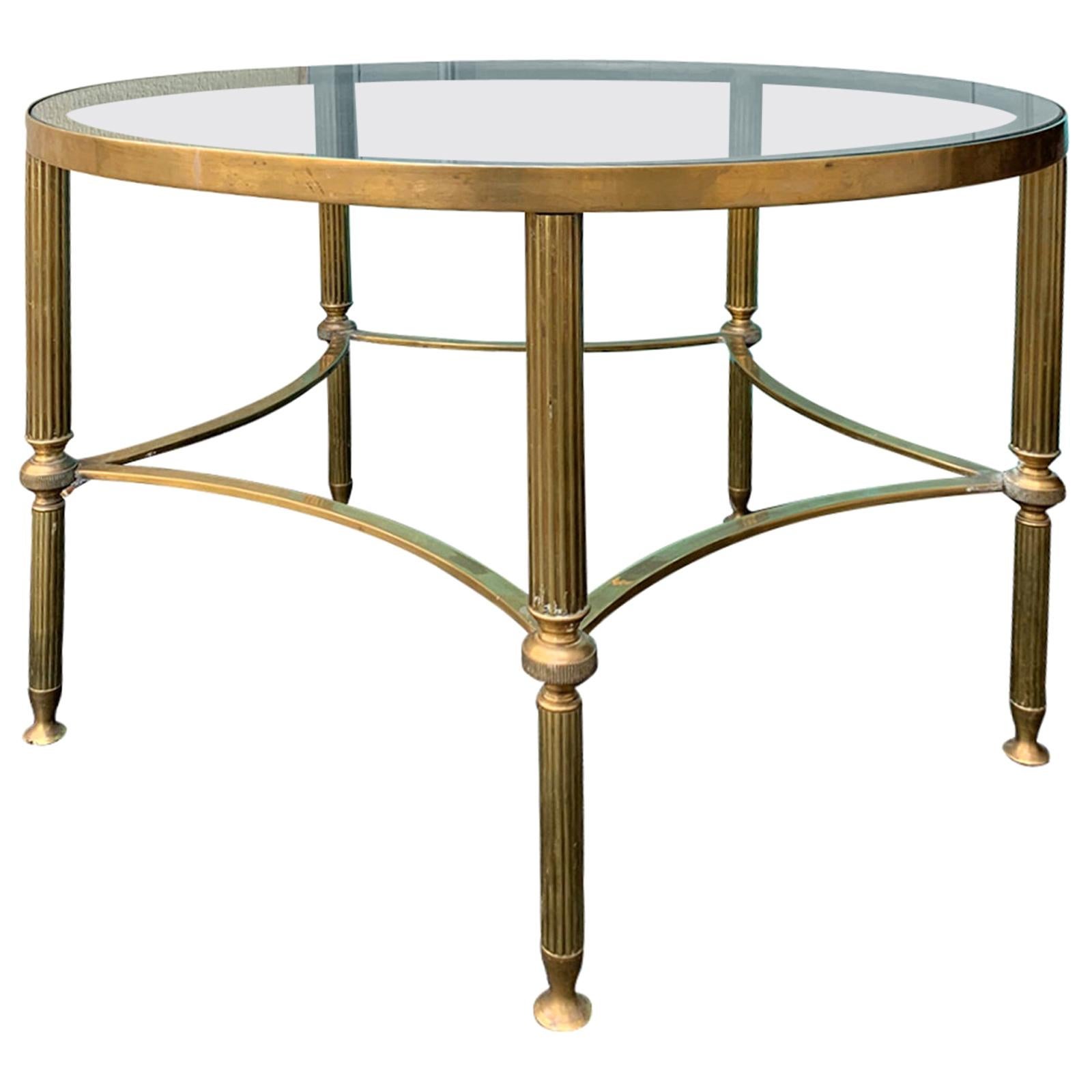 Mid-20th Century Round Brass Coffee Table, Glass Top, in the Style of Baguès