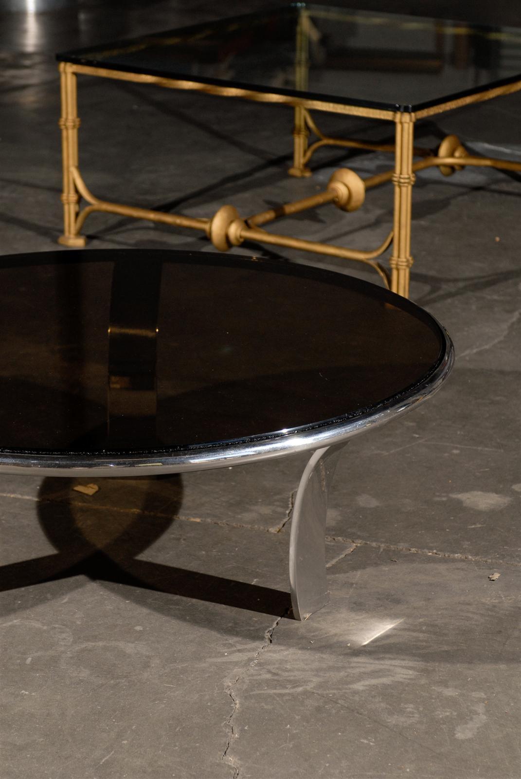 Mid-20th Century Round Chrome Coffee Table with Smoky Glass Top In Good Condition For Sale In Atlanta, GA
