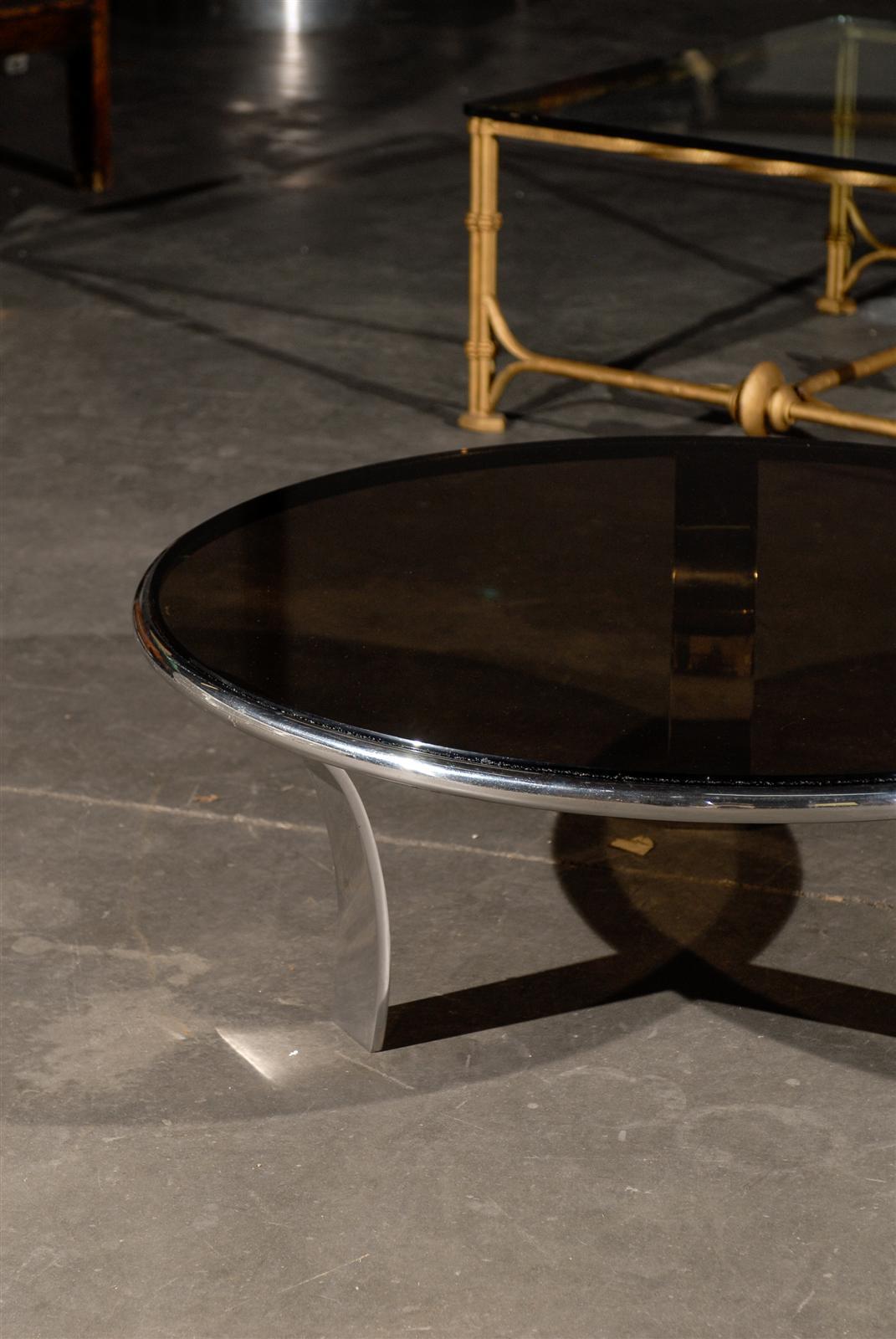 Mid-20th Century Round Chrome Coffee Table with Smoky Glass Top For Sale 1